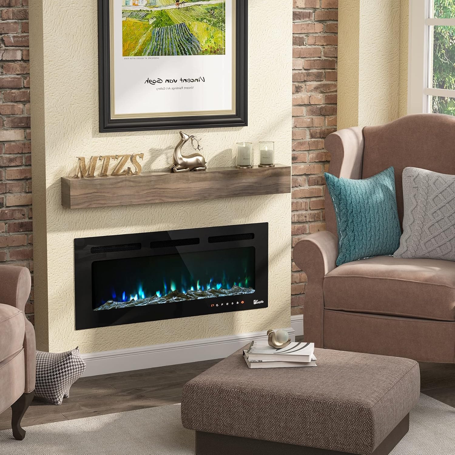 40'' Electric Fireplace Recessed and Wall Mounted, 1Easylife Fireplace Heater Electric Fireplace Insert with 12 Flame Color and Speed, Timer, 750/1500W Control by Touch Panel & Remote (40 inch)