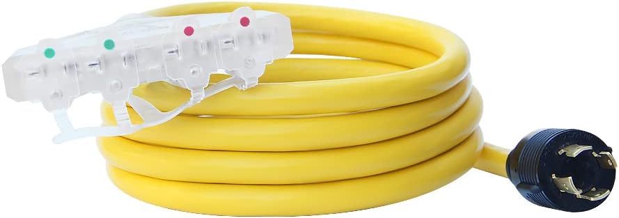 ExiBryony NEMA L14-30 to Four 5-20R Generator Locking Cord,10 Gauge Distribution Cord,Generator Adapter with Power Indicator, Household Cable with UL Listed,125/250V,7500W,4Prong,10FT Pack of 2