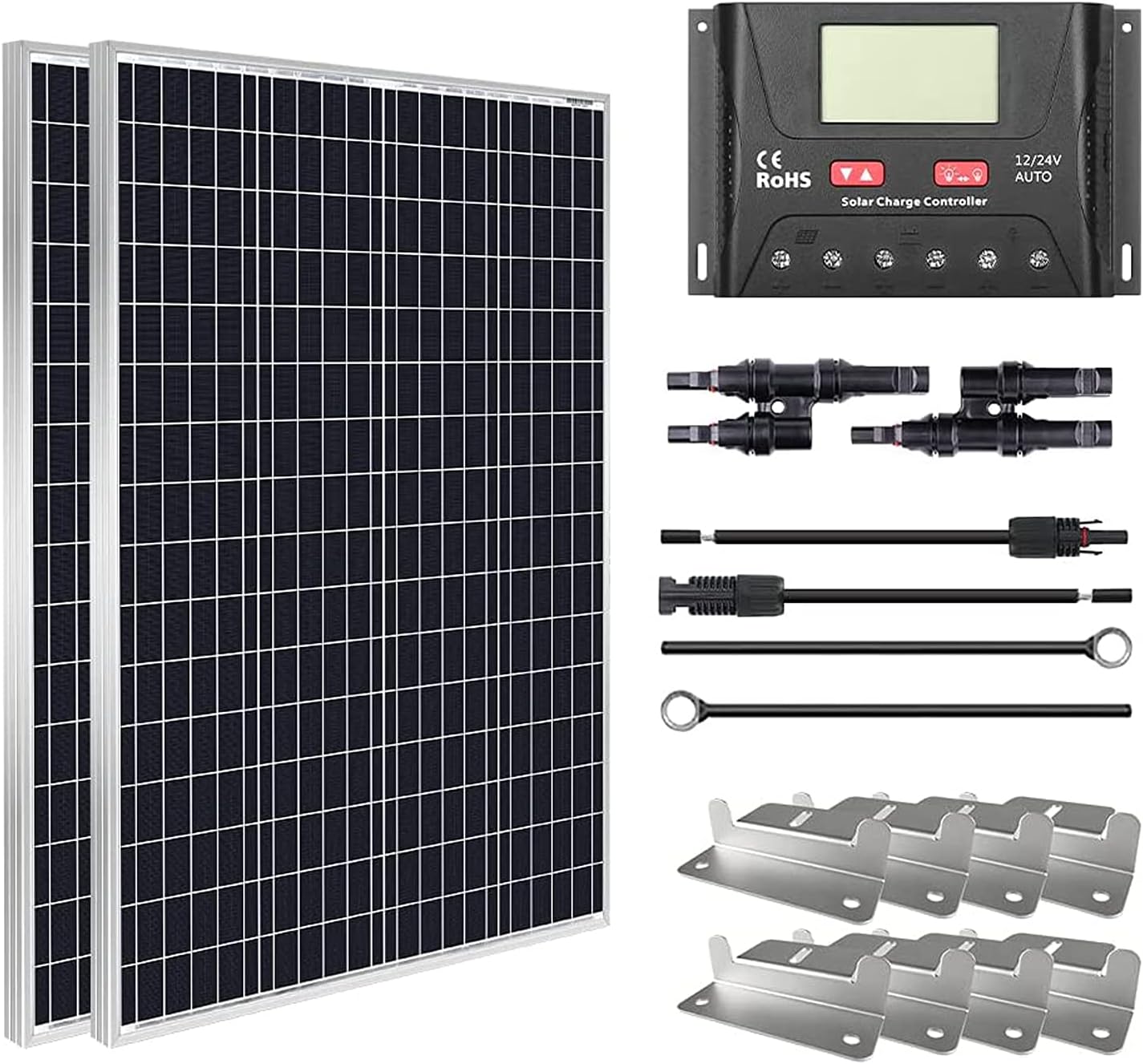 HQST 200W 12V Monocrystalline Solar Panel Kit w/ 30A PWM LCD Solar Charge Controller+Adaptor Kits+Tray Cable+Mounting Z Brackets+Y Branch Connectors