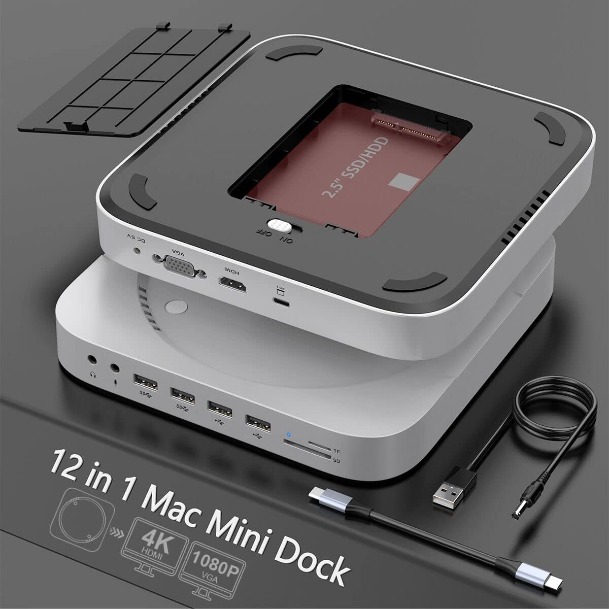 12 in 1 Mac Mini Dock with Hard Drive Enclosure (HDMI+VGA) , Type-C Stand & Hub for Mac Mini M1 with SATA SSD/HDD, HDMI,VGA,USB, TF/SD, Audio Jack, Mac Mini hub for 2018/2020 Mac Mini (ABS Silver)