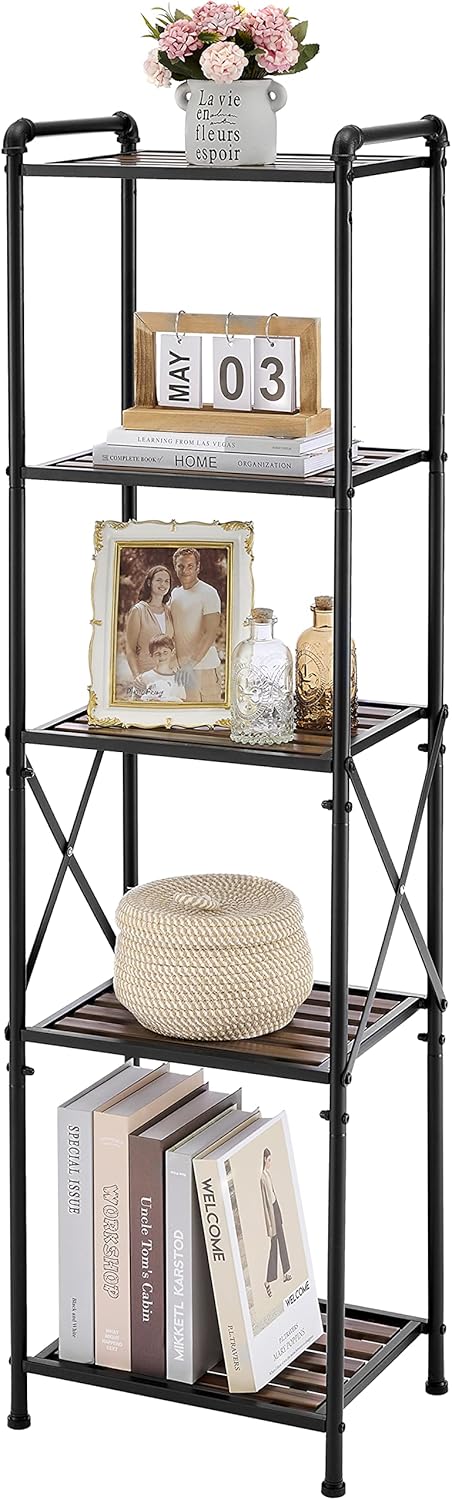 Tajsoon 5-Tier Storage Rack, Adjustable Shelving Unit Storage Shelves, Multipurpose Shelf Display Rack for Living Room, Kitchen, Bathroom, Balcony, Metal, Industrial Style/Black