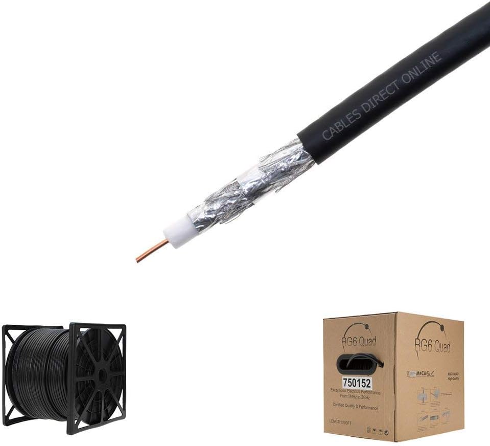 Cables Direct Online 500FT Black RG6 Quad Shielded Coax Cable Satellite TV Coaxial Wire, 18 AWG Copper Clad Steel Conductor, Foam PE Core, 60% Aluminum Braid, PVC Jacket, Reel in Box