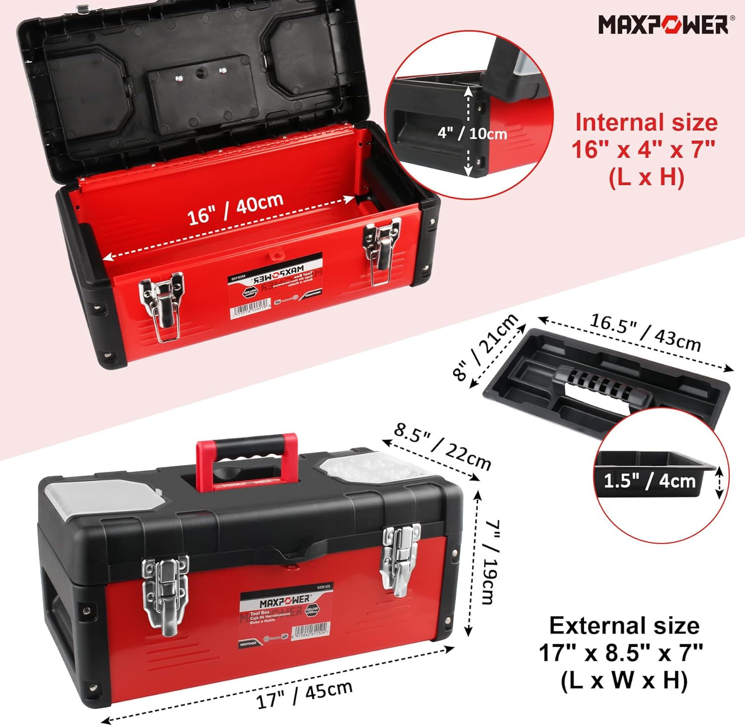 MAXPOWER Tool Box 17-inch, Mixtured Plastic Lid and Metal Small Tool Box with Removable Tray and Handle Pack of 2