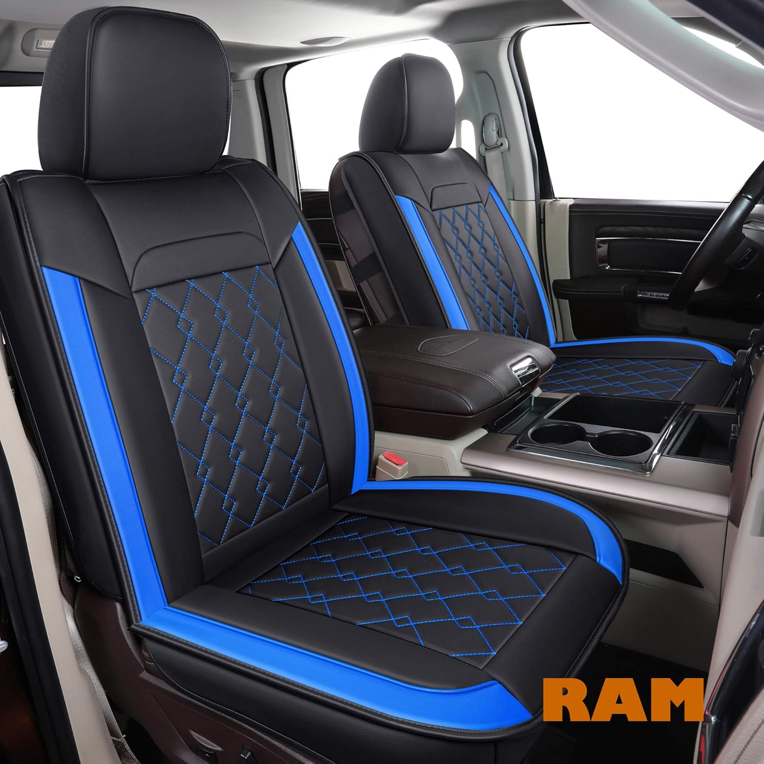 LUCKYMAN CLUB D01-ZGJ Seat Covers Fit for 2011-2022 Ram 1500/2500/3500 Crew/Quad/Double/Regular/Mega Cab Trucks with Waterproof Faux Leather with Center Console Cover(Full Set, Black&Blue)