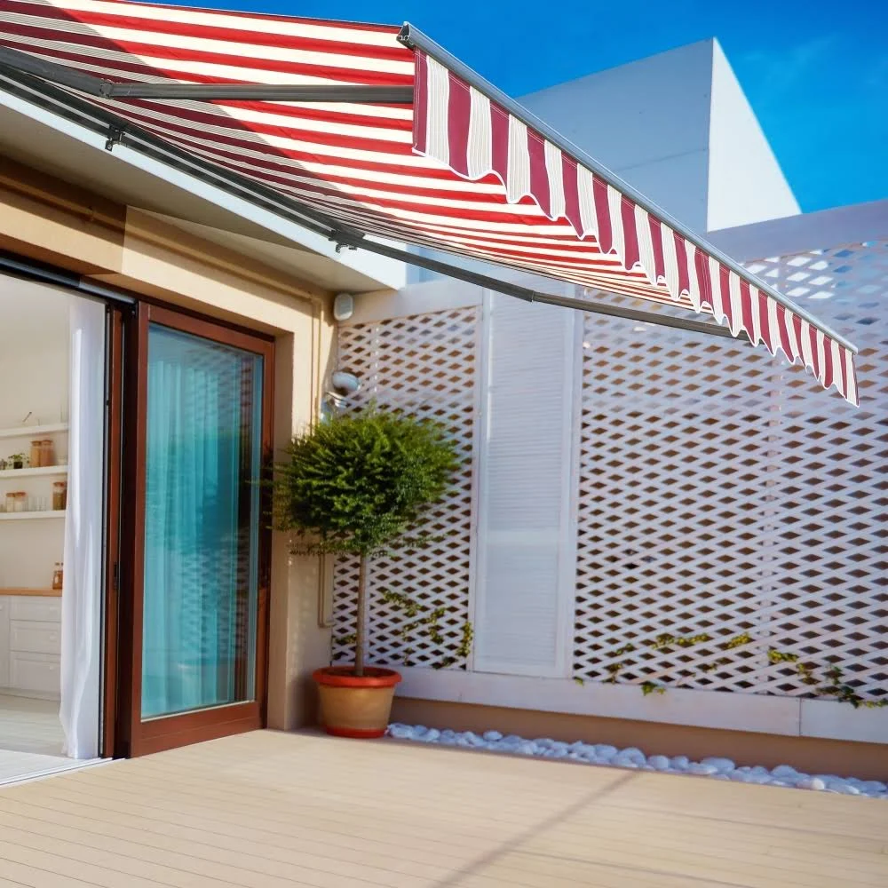 Half Cassette Motorized Retractable Patio Awning - 12 x 10 Feet - Multi-Striped Red | Aleko