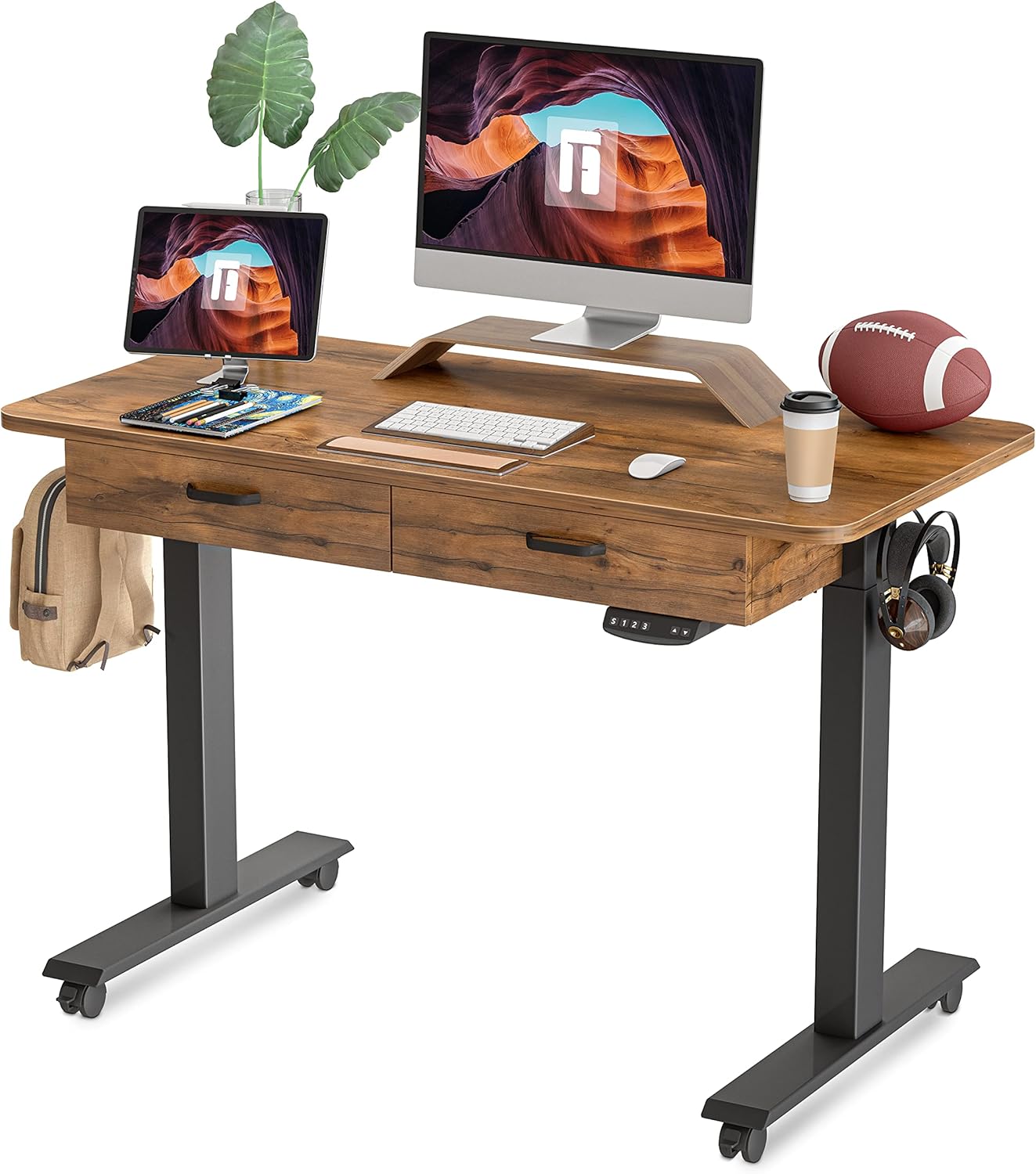 FEZIBO Adjustable Height Electric Standing Desk with Double Drawer, 48 x 24 Inches Stand Up Home Office Desk with Splice Tabletop, Black Frame/Fir Brown Top