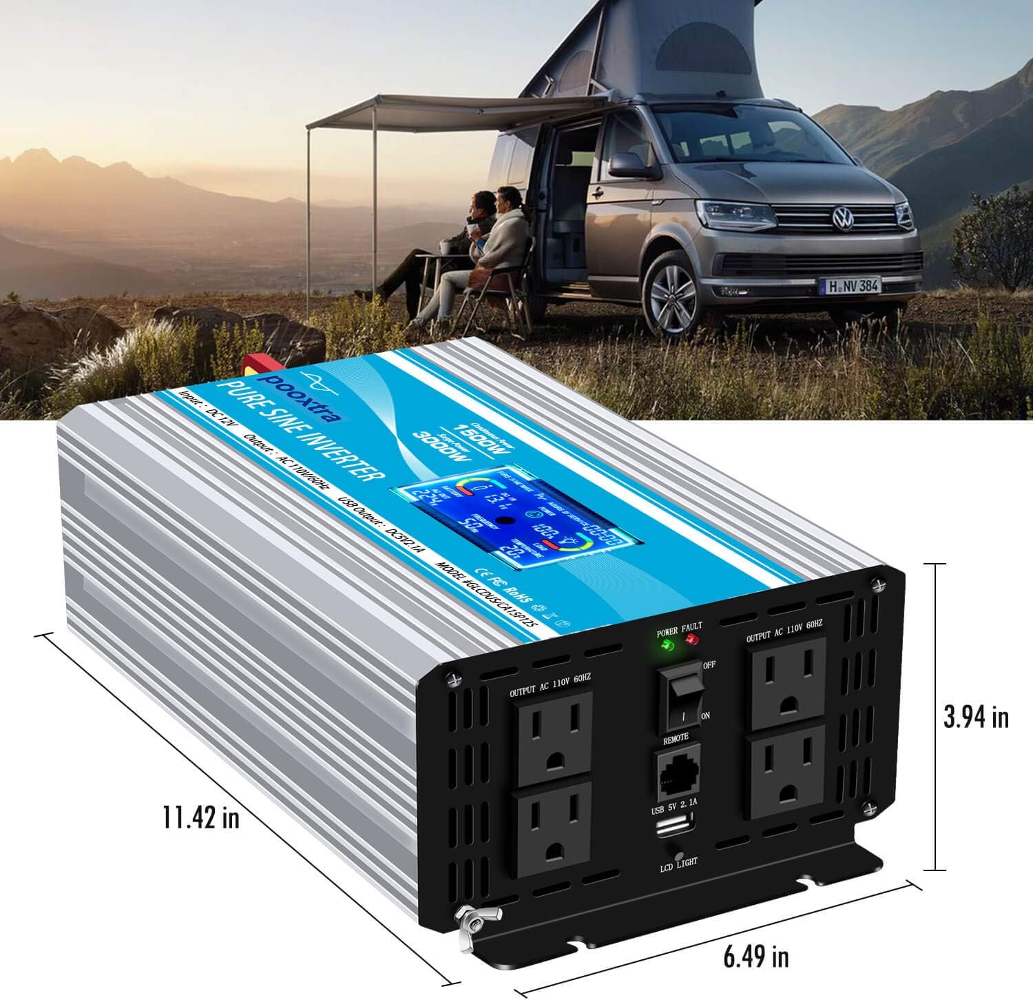 pooxtra 1500 Watt Pure Sine Wave Inverter 12V DC to 110V/120V AC Power Converter with LCD Display & USB Port +4AC Outlets Car Power for Home RV Car Emergency to Use(3000 Power Peak)