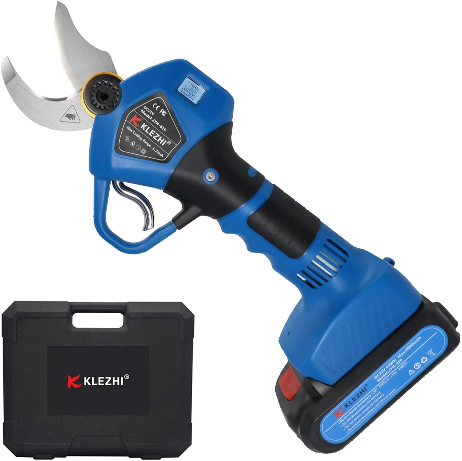 K KLEZHI Professional Sharp Cordless Electric Pruning Shears with Screen, 2 Backup Rechargeable 2Ah Lithium Battery Powered Tree Branch Trimmers Pruner, 1.2In 30mm Cutting Diameter 6-8 Working Hours