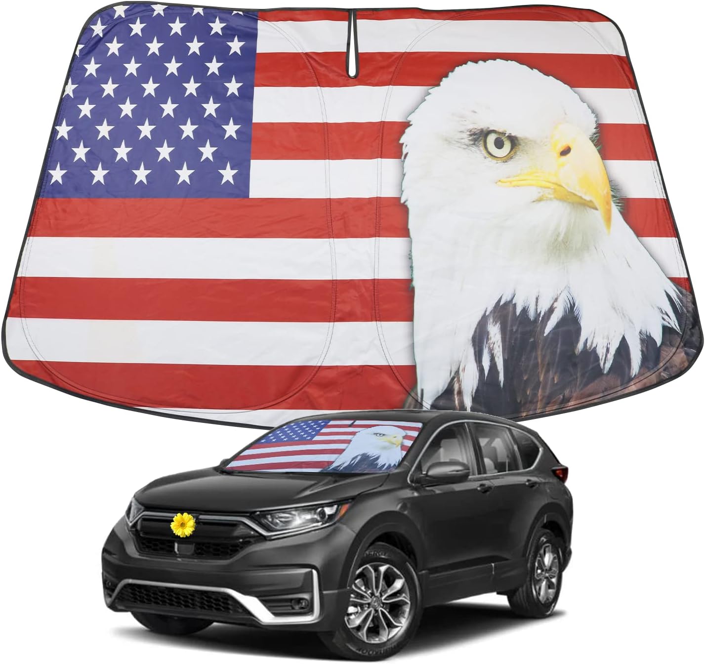 CDEFG Car Windshield Sun Shade for 2018 - 2021 2022 Hondaa CRV Sunshade with American USA Bald Eagle Flag Sun Shield for Front Window with Storage Pouch UV Rays and Sun Heat Protection Accessories