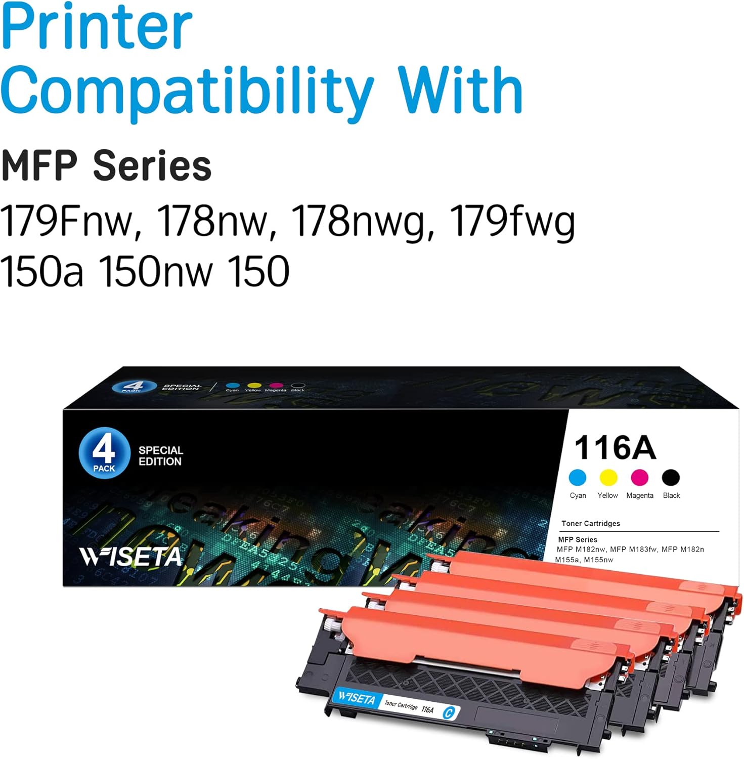WISETA Compatible Toner Cartridge Replacement for HP 116A W2060A W2061A W2062A W2063A Compatible with MFP 179fnw MFP 178nw Printer Tray (Black, Cyan, Magenta, Yellow)