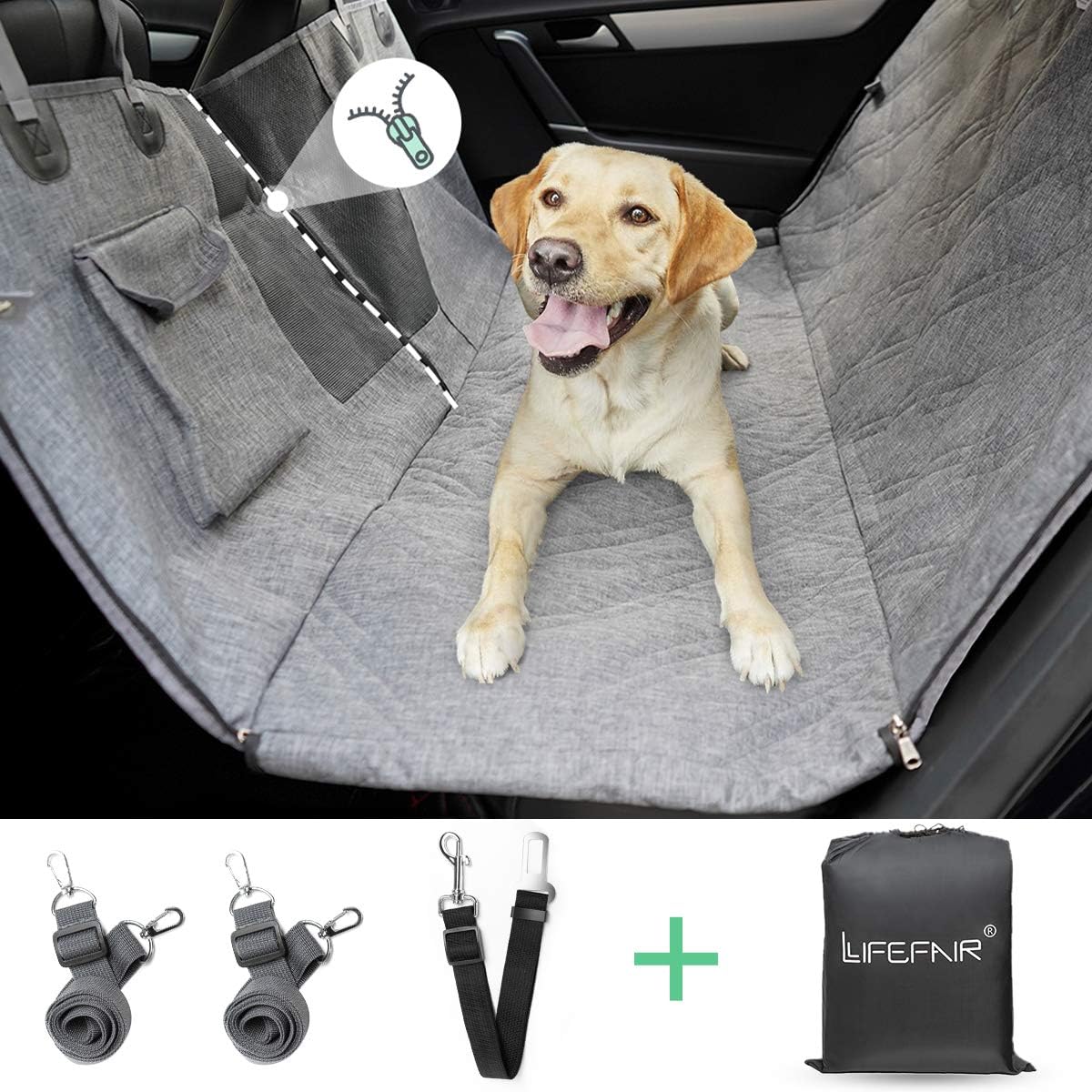 LIFEFAIR Dog Car Seat Cover for Back Seat, Mesh Window Hammock 900D Heavy- Duty and Non Slip Scratch Proof Pet Cat Seat Cover with Universal Size Fits for Cars, Trucks and SUV, Gray Pack of 2