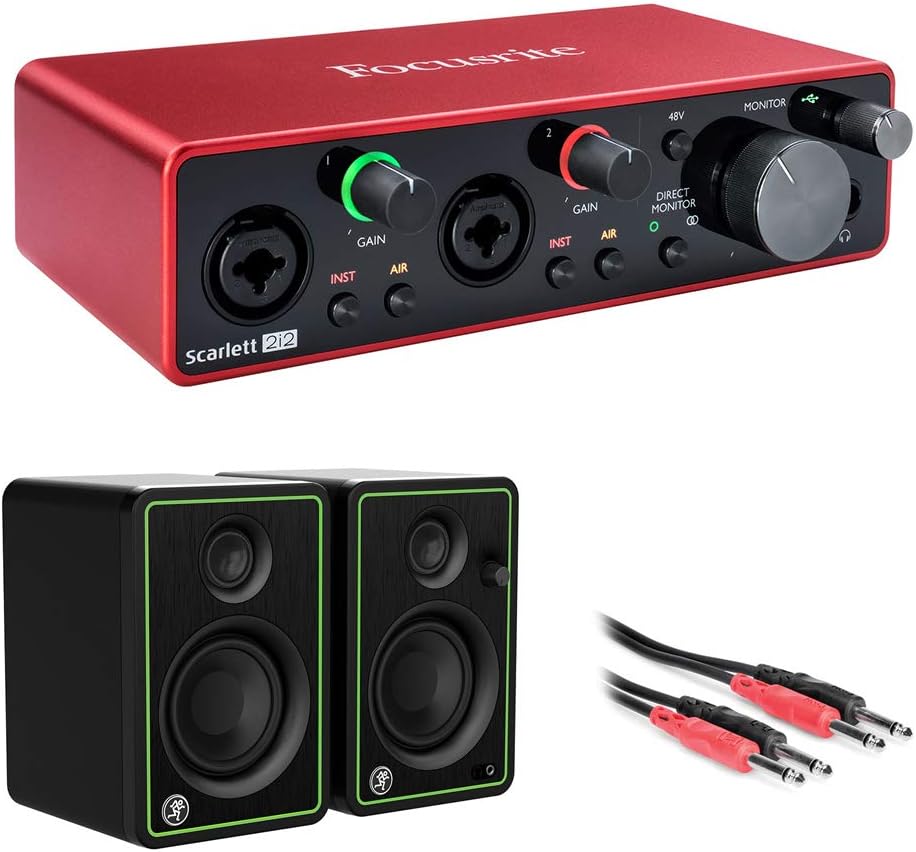 Focusrite Scarlett 2i2 USB Audio Interface (3rd Gen) Bundle with Mackie CR3-X Monitors (Pair) & Phone to Phone Cable