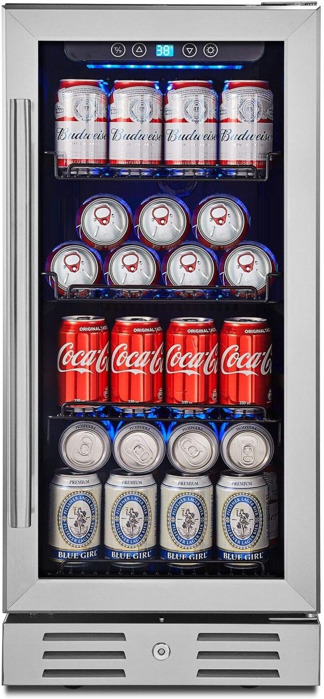 Kalamera 15” Beverage Cooler and Refrigerator Under Counter Built-in or Freestanding - 96 Cans Capacity Mini Fridge- for Soda, Water, Beer or Wine - For Kitchen or Bar with Blue Interior Light