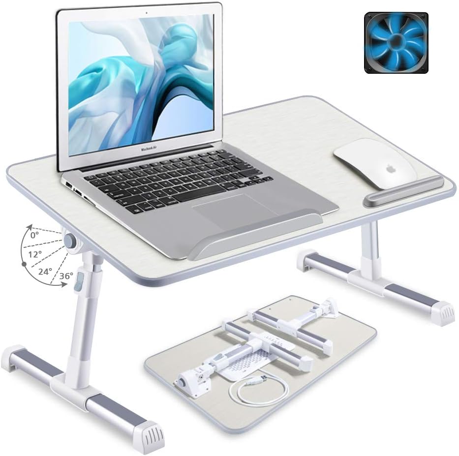 LEYONA Bed Desk for Laptop, Portable Bed Table (1 Cooling Fan), 23.6