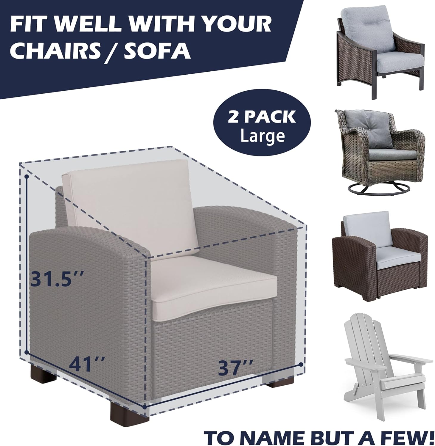 MIENNES Patio Chair Covers for Outdoor Furniture, 600D Heavy Duty Waterproof Outdoor Chair Covers, Heavier Material, More Coverage Area, 37W x 41 D x 31.5H Inches, 2 Pack, Grey