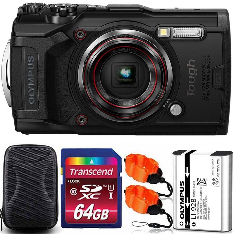 Olympus Tough TG-6 12mp Waterproof W-Fi Digital Camera Black with 64GB Memory Card + Strap u0026 Case
