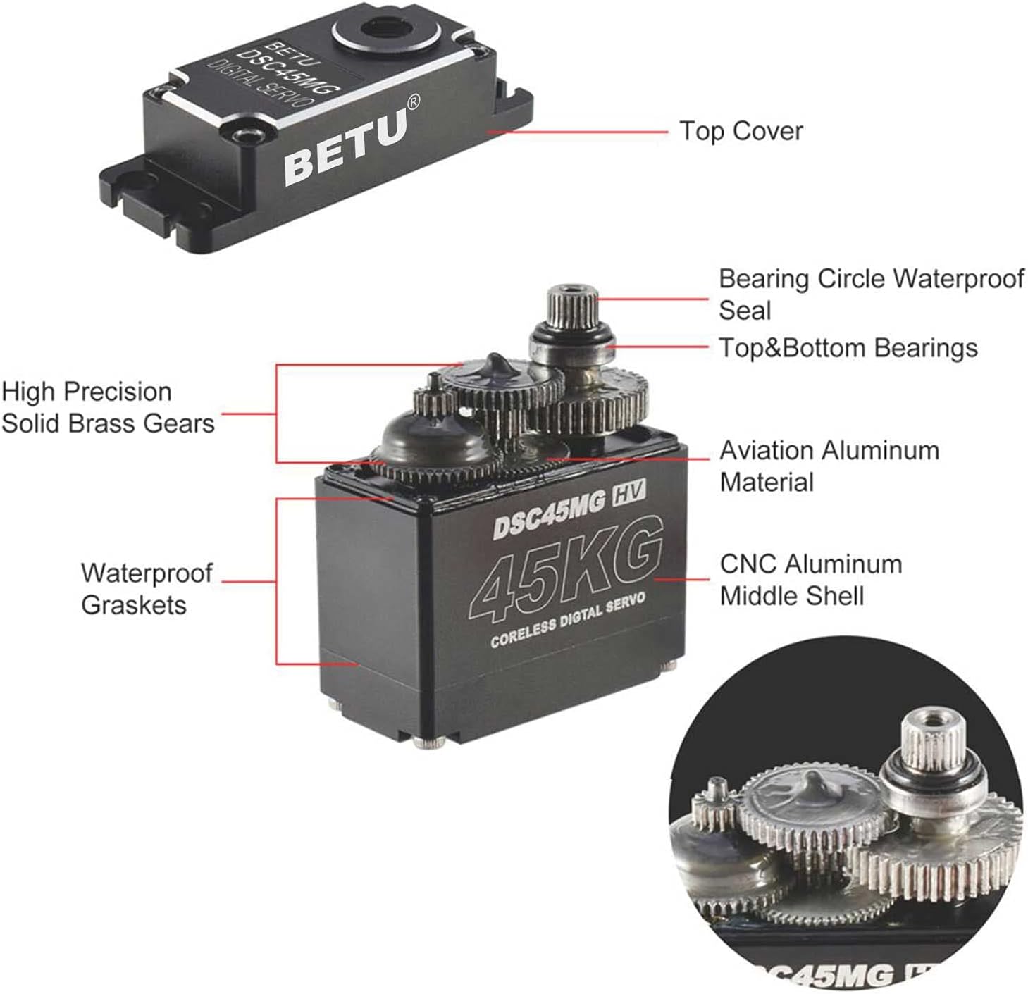 BETU 45Kg Coreless Servo Motor HV 8.4V, High Torque RC Digital Servo，Full Waterproof Servo, Stainless Steel Gear Servo with 25T Servo Horn（180°） Pack of 2