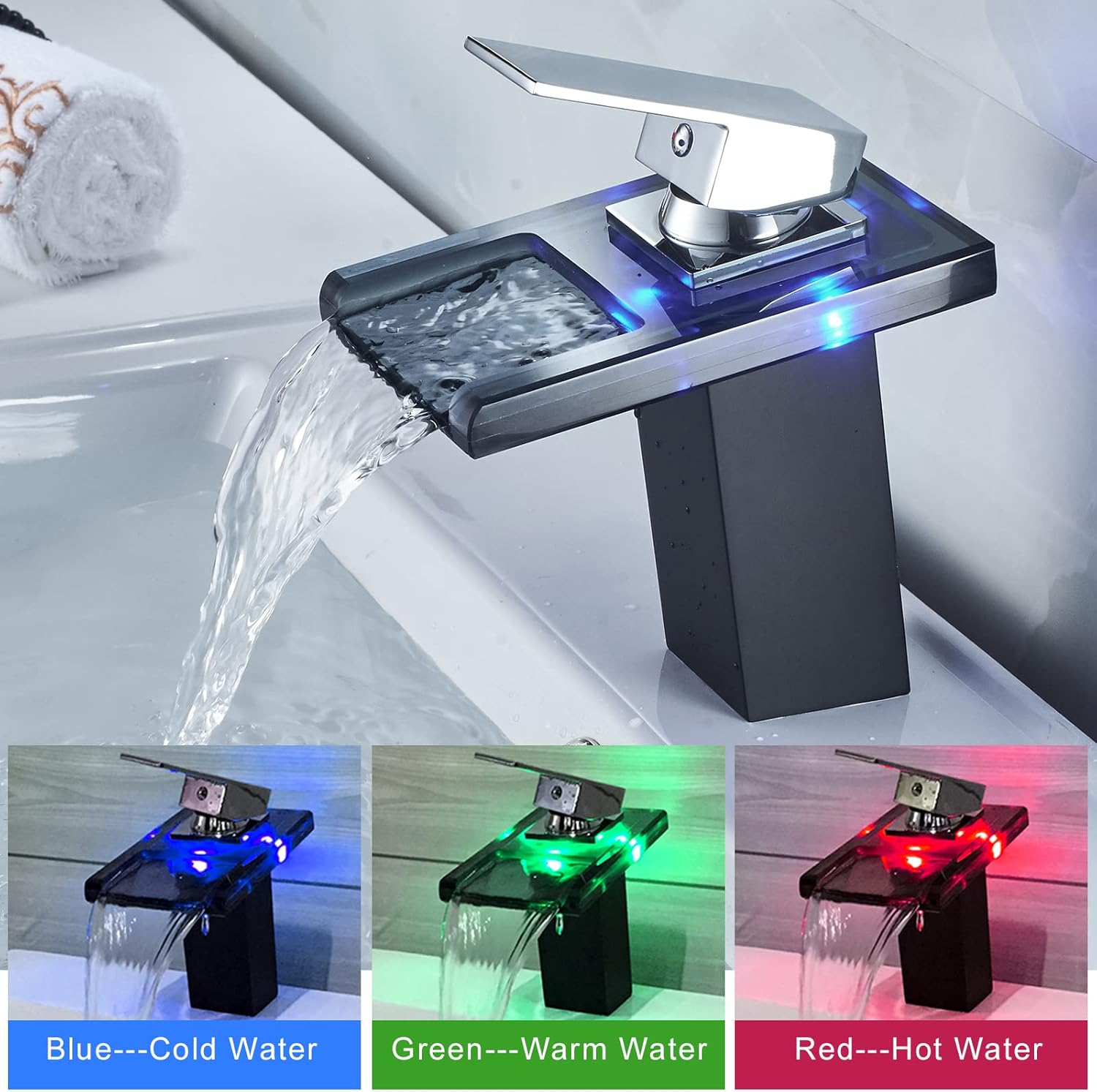 POPFLY LED Bathroom Faucet with 3-Color Light , Single Handle Single Hole Black Glass Waterfall Spout Faucet Mixer Cold and Hot Water