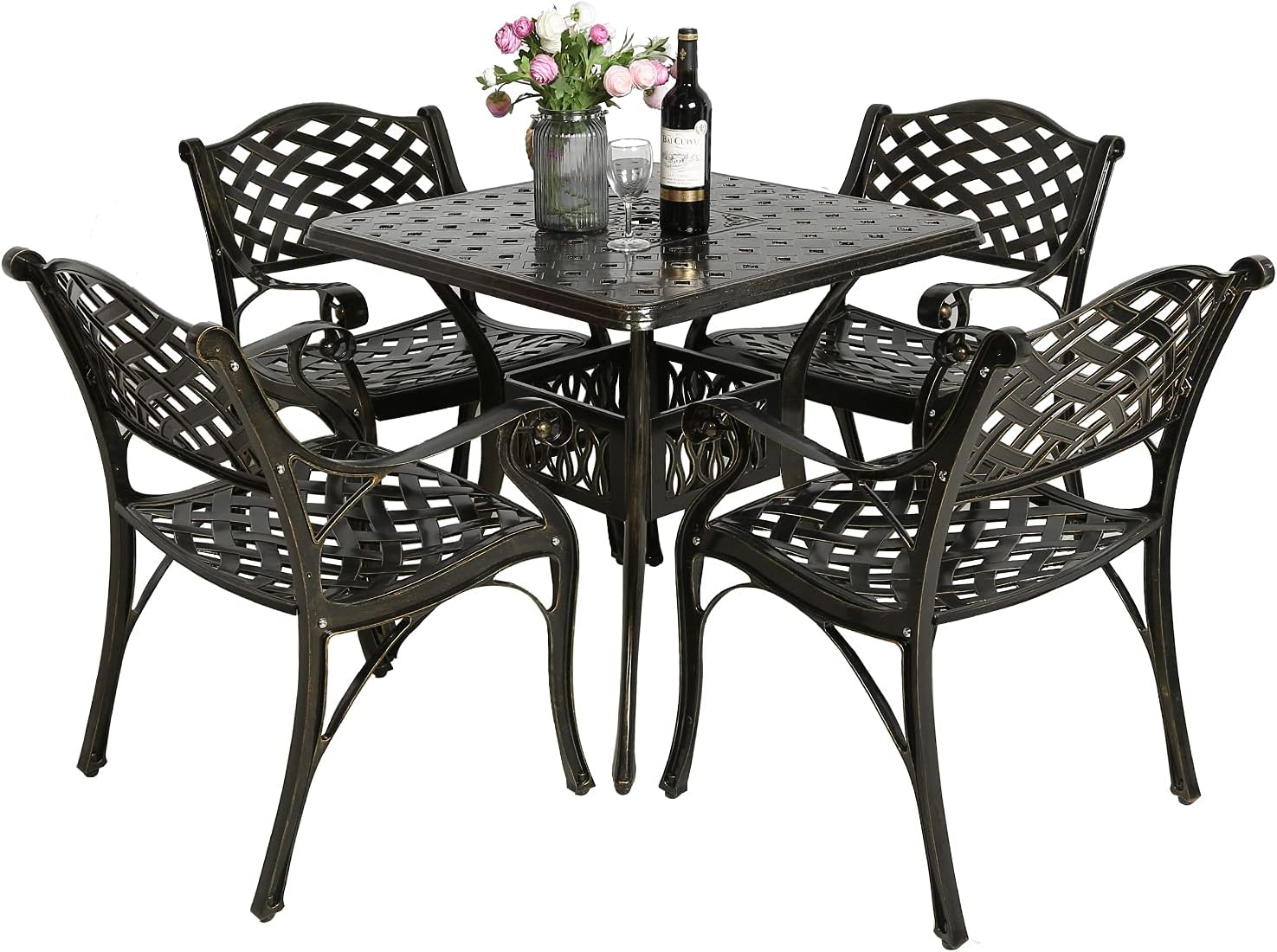 VIVIJASON 5-Piece Patio Furniture Dining Set, All-Weather Cast Aluminum Outdoor Conversation Set, Include 4 Chairs and 1 Round Table w/Umbrella Hole for Balcony, Lawn, Garden, Backyard
