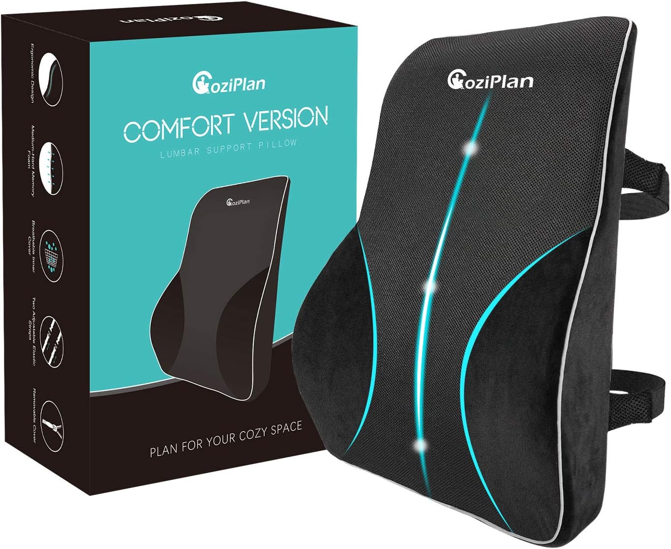 CoziPlan Lumbar Support Pillow for Chair - Comfort Version, Memory Foam Back Support for Office Chair and Car, with Two Adjustable Belts and Non-Slip Back&hellip;