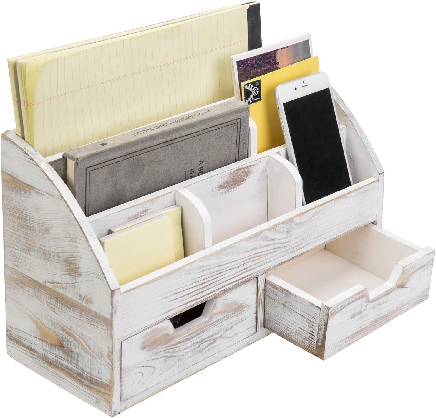 MyGift 6-Compartment Shabby Whitewashed Wood Desktop Office Supplies Organizer with 2 Drawers Pack of 2