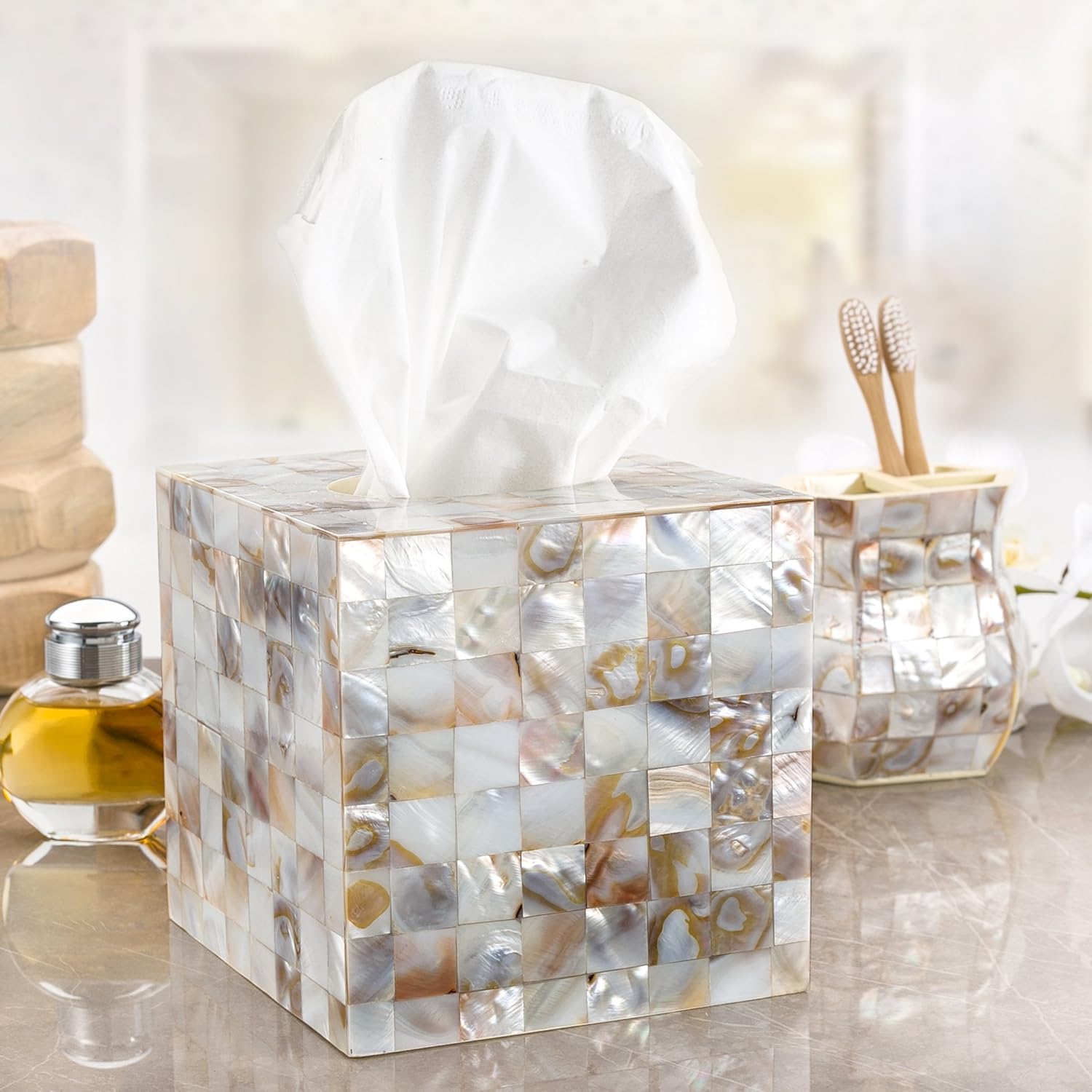 Creative Scents Tissue Box Cover – Decorative Square Tissue Holder is Finished in Beautiful Mother of Pearl Milano Collection Pack of 2