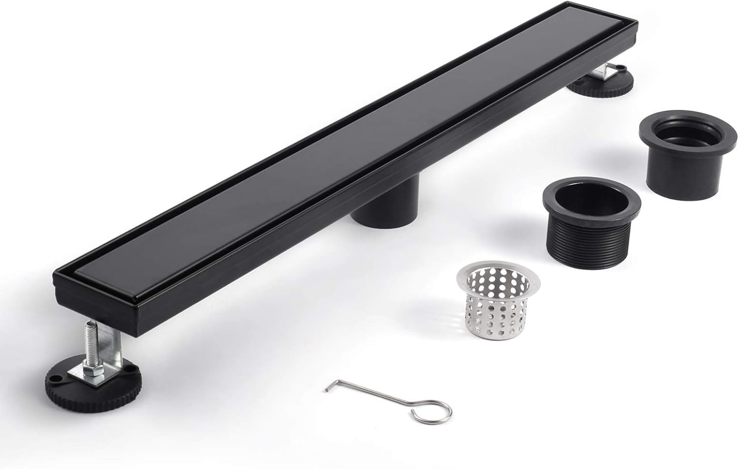 BARONAGE 24-Inch Linear Shower Drain, with 2-in-1 Flat & Tile, Insert Cover Black Brushed 304 Stainless Steel Rectangle Shower Floor Drain Adjustable Pack of 2