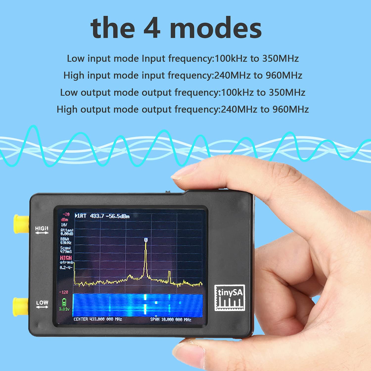 TinySA Spectrum Analyzer,Handheld Tiny Spectrum Analyzer TinySA 2.8inch Touch Screen,Portable Frequency Analyzer 0.1MHz~ 960MHz MF/HF/VHF UHF Input, Signal Generator with Battery Pack of 2
