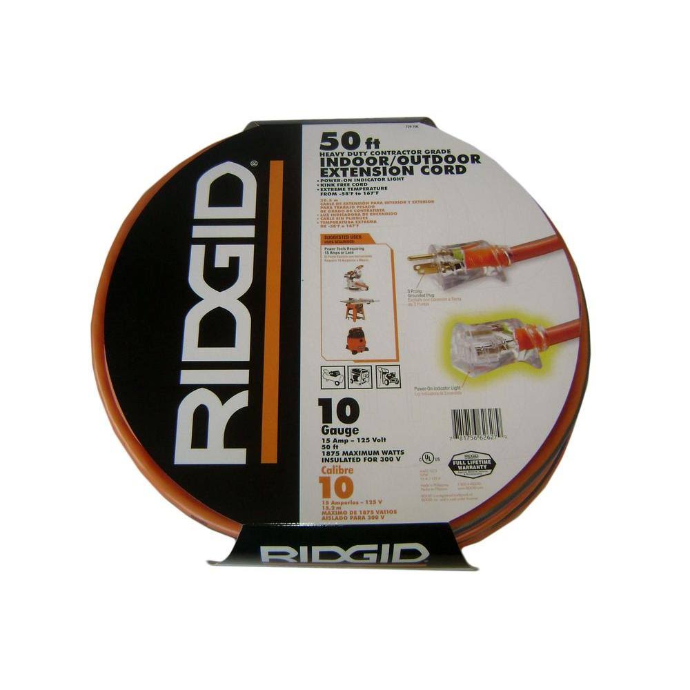 Ridgid 50 ft. 10/3 Heavy-Duty Contractor-Grade Indoor/Outdoor Extension Cord, Orange/Gray
