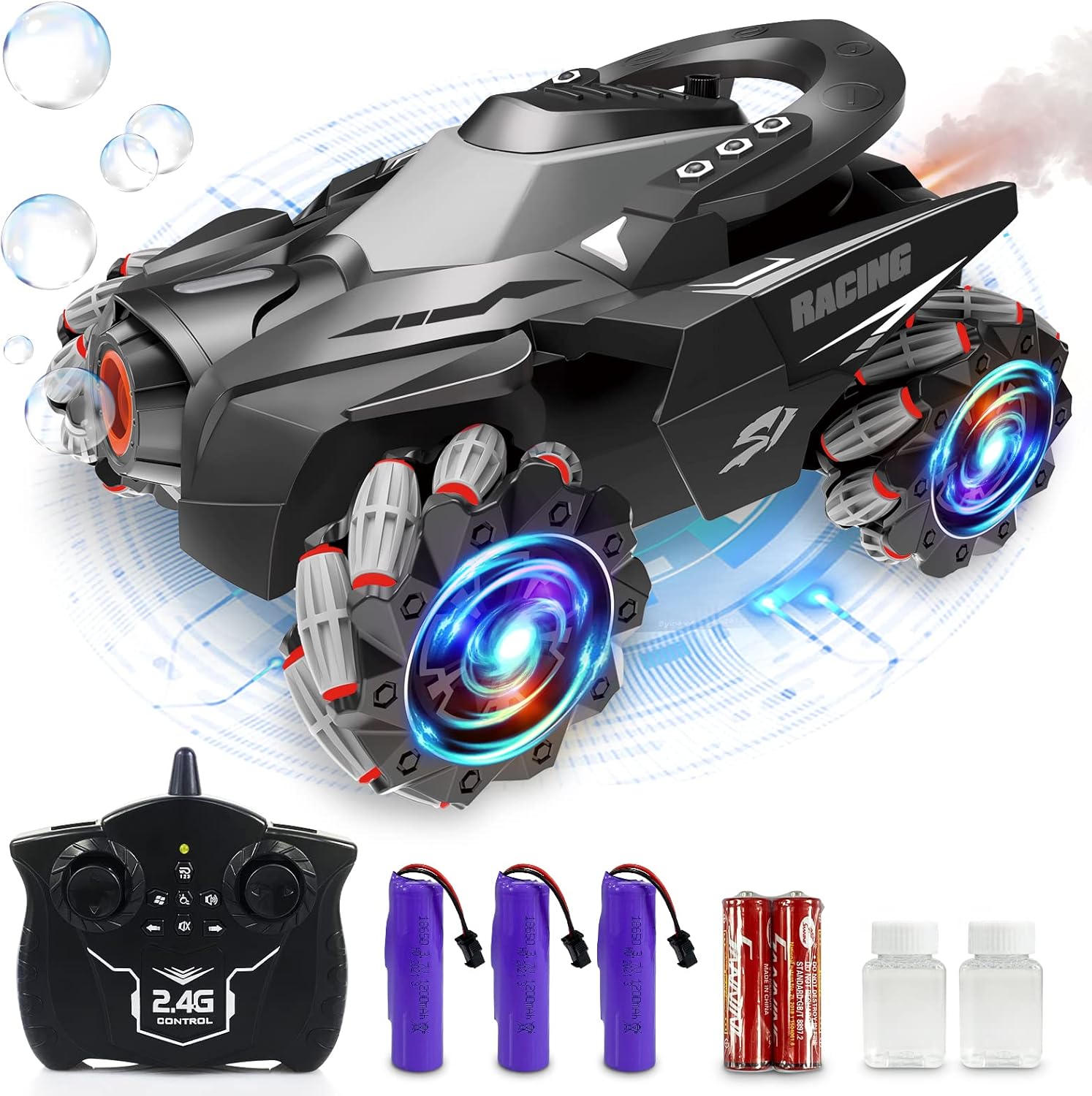 Remote Control Car for Kids, AHIROT Stunt RC Cars 4WD 1:12 Drift Toy with Rear Fog Stream Bubble Light & Music, 2.4Ghz 360° Rotation High-Speed Off Road Car for 3 4 5 6 7 8 Year Boy Girl & Adult Gift Pack of 2
