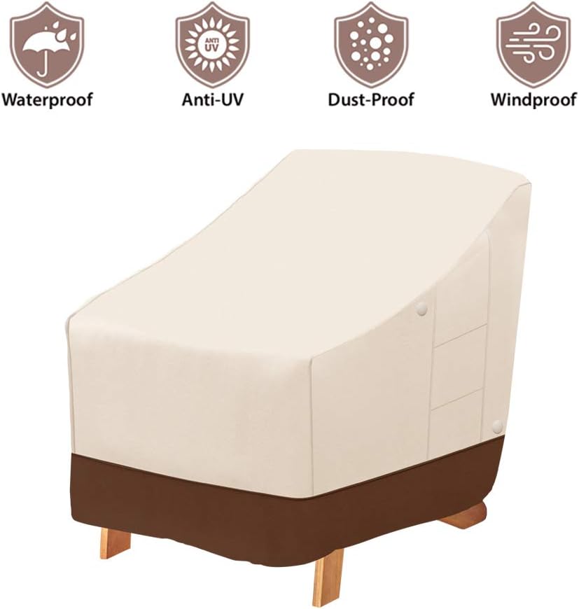 Tuyeho Patio Chair Cover 38 x 31 x 30 inch, 600D Heavy Duty Outdoor Adirondack Chair Cover, Waterproof & Weather Resistant for Your Lounge Deep Seat Chair (Beige & Brown)
