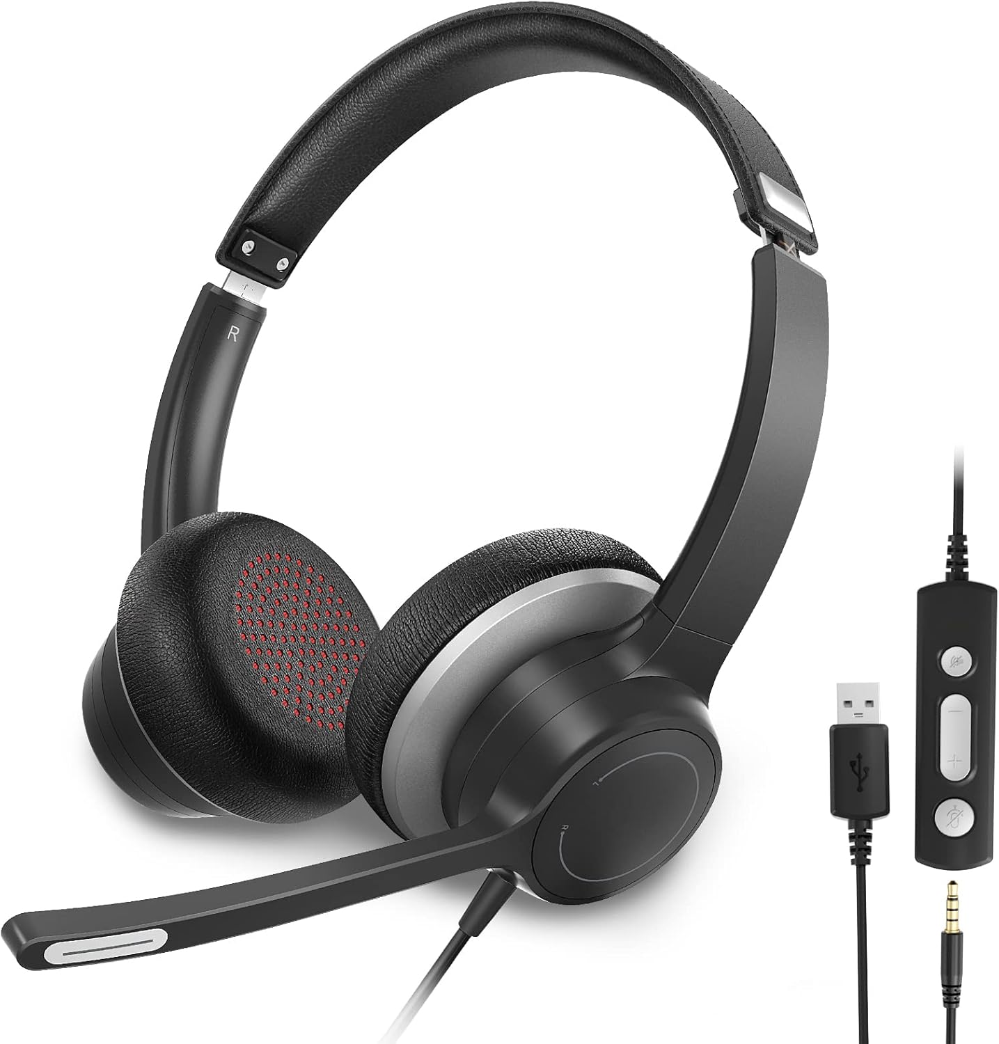 USB Headset with Microphone Noise Cancelling & in-Line Controls, Comfortable Wired Computer Headphones for Phone/PC/Mac/Laptop, Rotatable Microphone, Plug & Play, with 3.5mm Audio Cable - Black