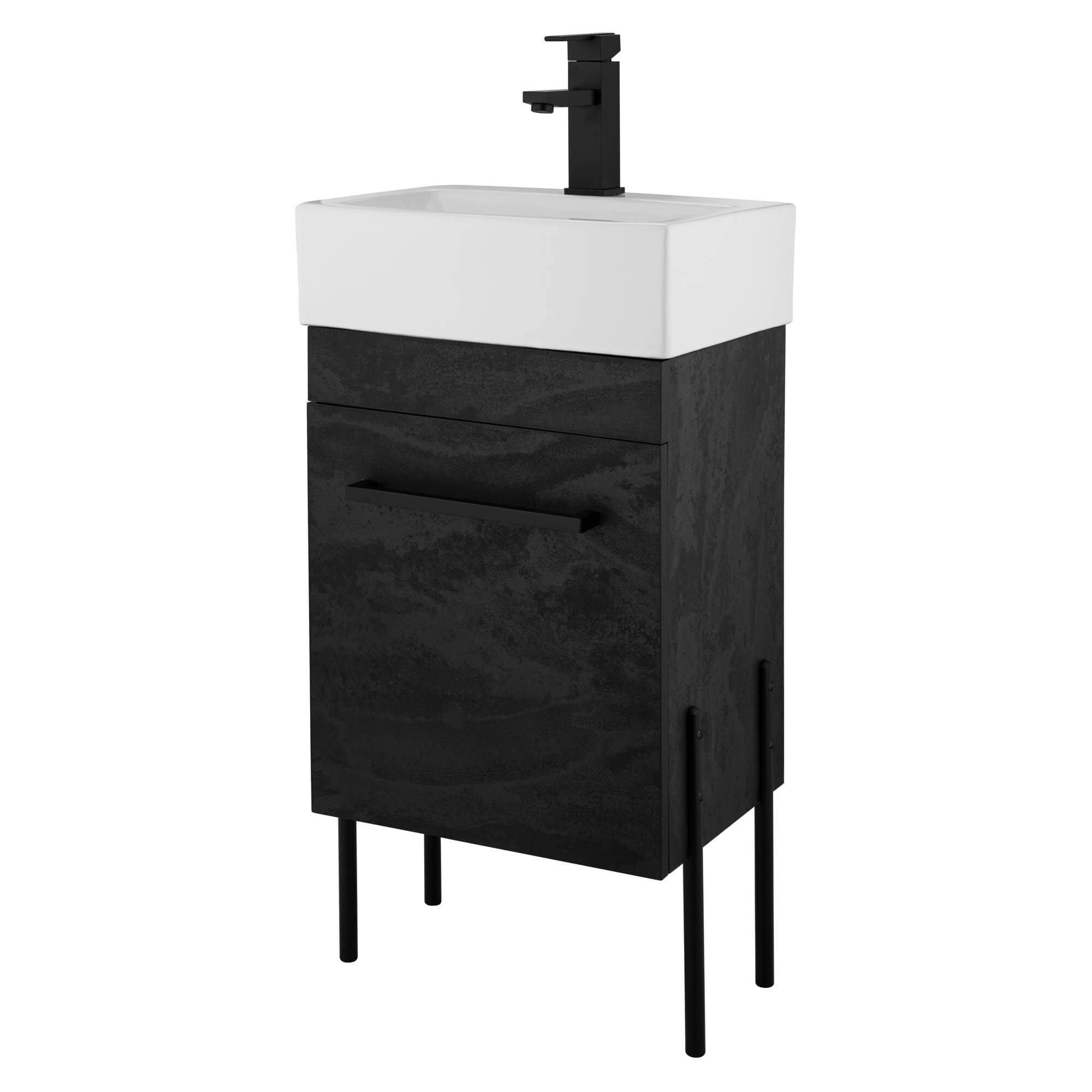 Fine Fixtures - Modern Black Marble 18x22 Bathroom Vanity Set, Satin Brass Hardware, Vitreous China Sink Top