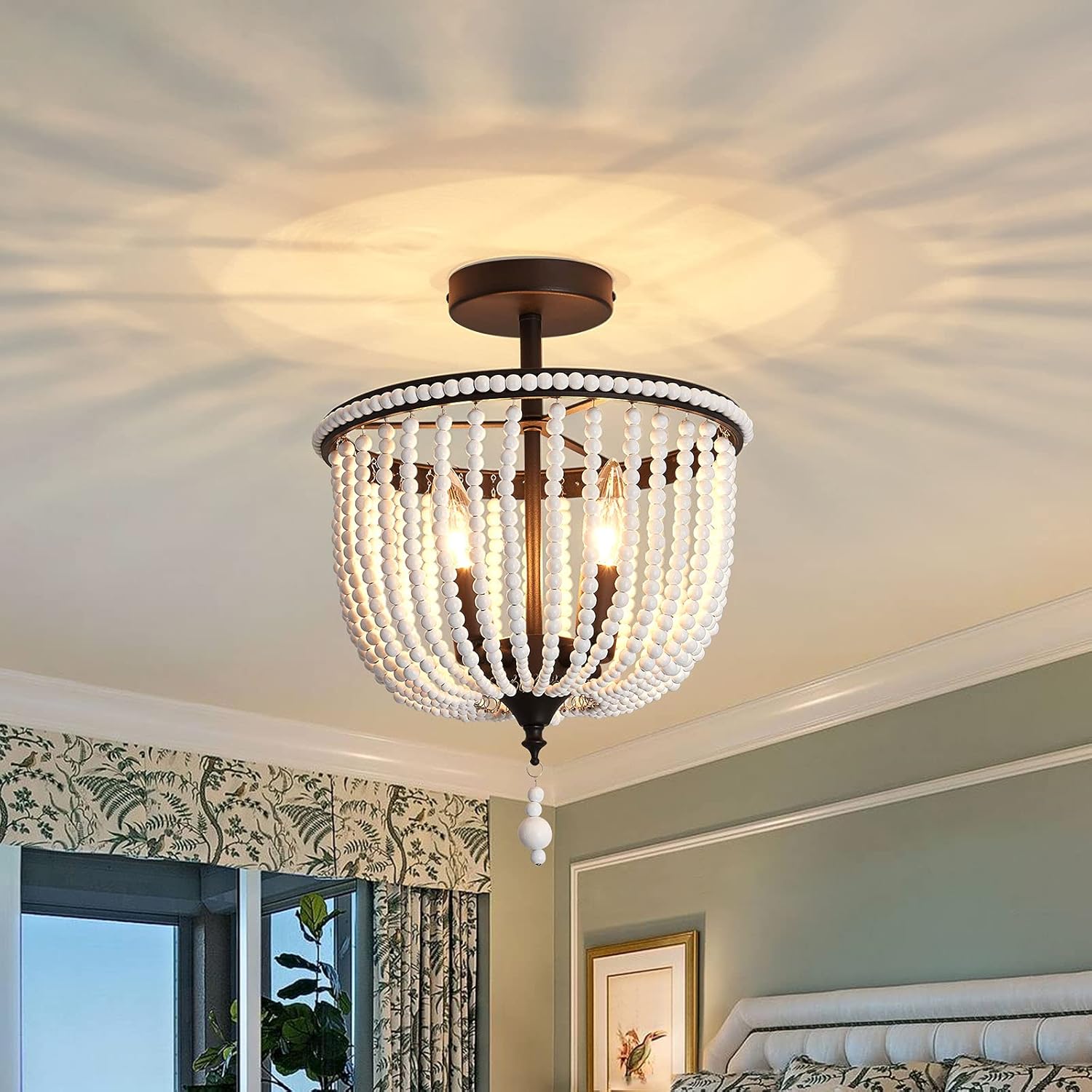 YYJLX 4-Light Semi Flush Mount Ceiling Light， White Wood Beaded Ceiling Lamp Fixture，Black Chandeliers for Bedroom Living Room Kitchen Entryway Hallway