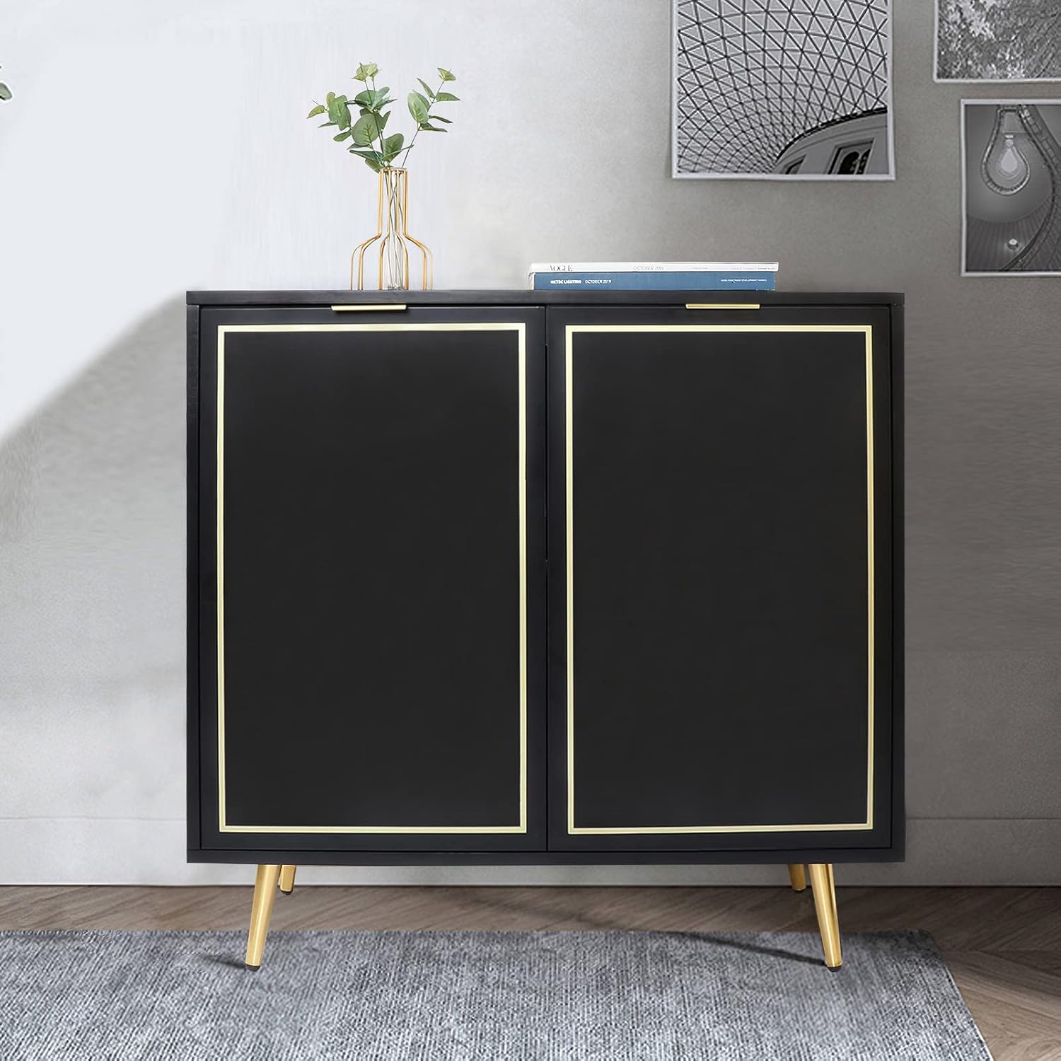 Anmytek Modern Accent 2 Doors Storage Cabinet, Mid Century Buffet Kitchen Sideboard with Golden Legs and Matte Black Finish H0042