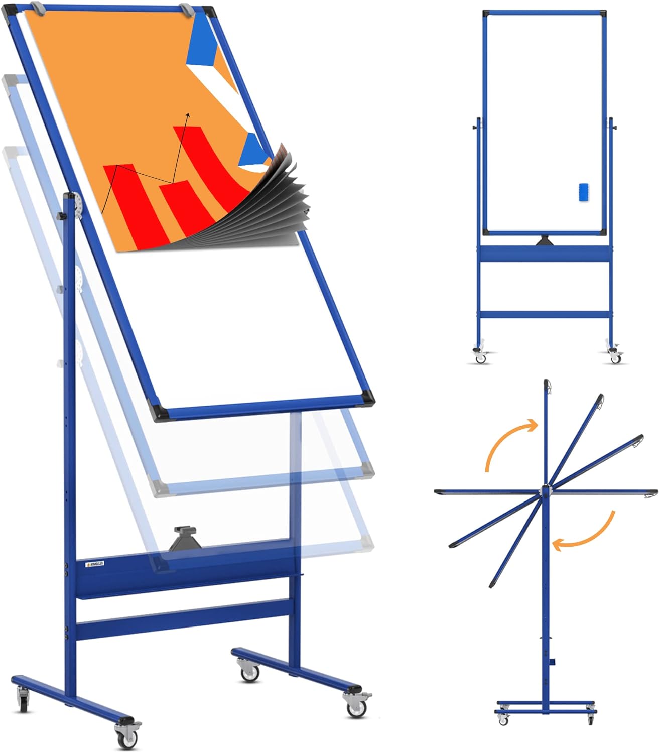 Mobile Whiteboard - 48x24 Large Adjustable Height 360&deg; Reversible Double Sided Dry Erase Board - Magnetic White Board on Wheels - Portable Rolling Easel with Stand, Flip Chart Holders | Black