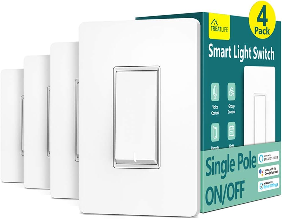 Smart Light Switch Treatlife Single Pole Smart Switch Works with Alexa, Google Home and SmartThings, 2.4GHz Wi-Fi Timer Light Switch, Neutral Wire Required, No Hub Required, ETL Listed, FCC, 4 Pack Pack of 2