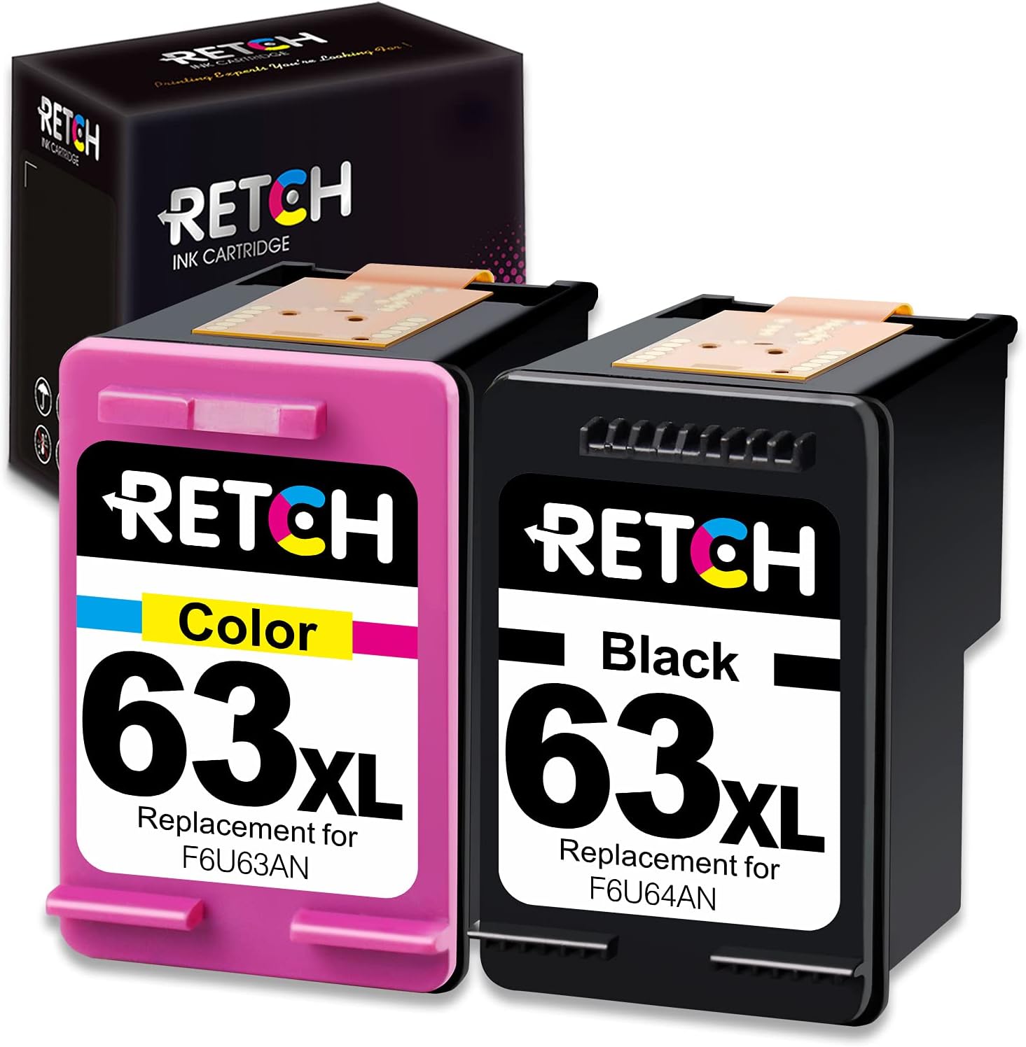 RETCH Remanufactured Ink Cartridge Replacement for HP 63 Ink 63XL Compatible with OfficeJet 3830 5255 5258 Envy 4520 4512 4513 4516 DeskJet 1112 1110 3630 3632 3634 2132 Printer (1 Black, 1 Color) Pack of 2