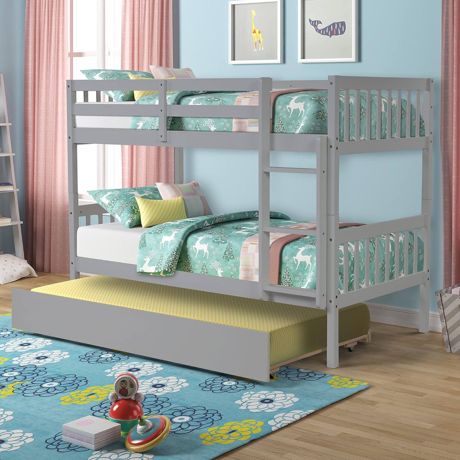 Twin Over Twin Bunk Beds with Trundle, Rockjame Premium Wood Bed Frame Space Saving Design Bedroom Furniture with Ladder and Safety Rail for Kids and Teens (Gray)