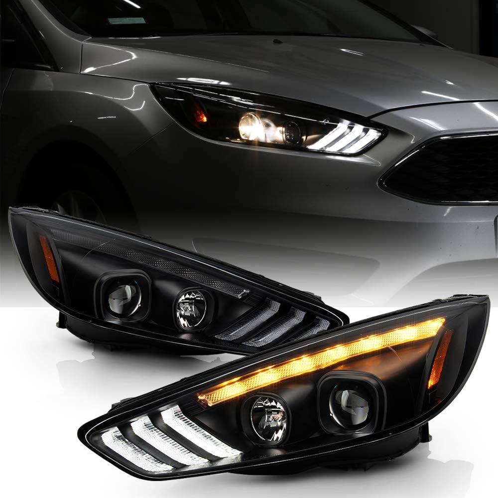 ACANII - For [Halogen Model w/LED DRL] 2015-2018 Ford Focus Black Housing LED DRL Sequential Signal Projector Headlights