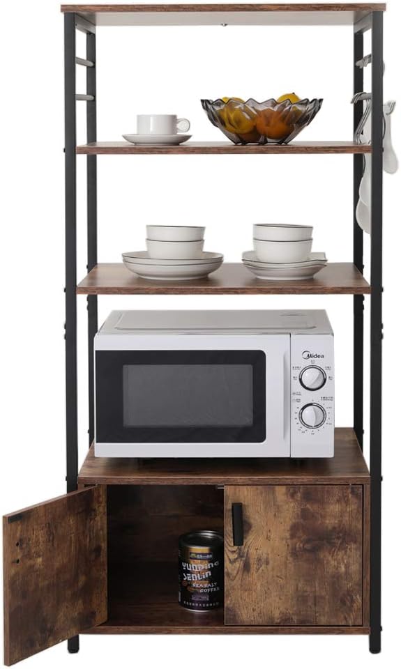 IWELL Baker's Rack for Kitchen with Storage & 8 Hooks, 4 Tier Kitchen Cabinet, Microwave Stand with 3 Storage Shelves, Microwave Cabinet for Living Room, Rustic Brown