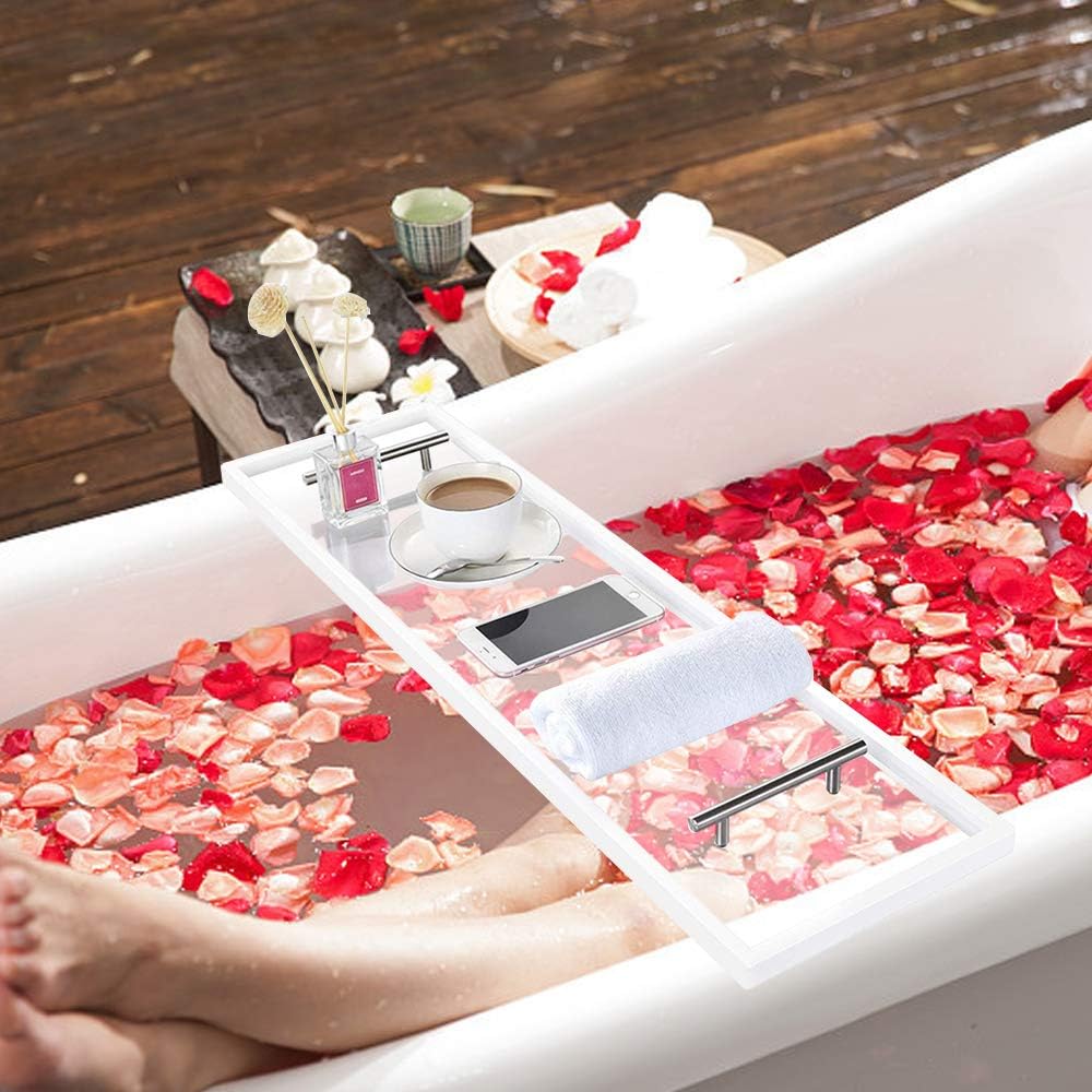 ZXMOTO Clear Bathtub Caddy Tray 33 Inch Acrylic Bathtub Tray Caddy Tray with Stainless Steel Gold Handles Pack of 2