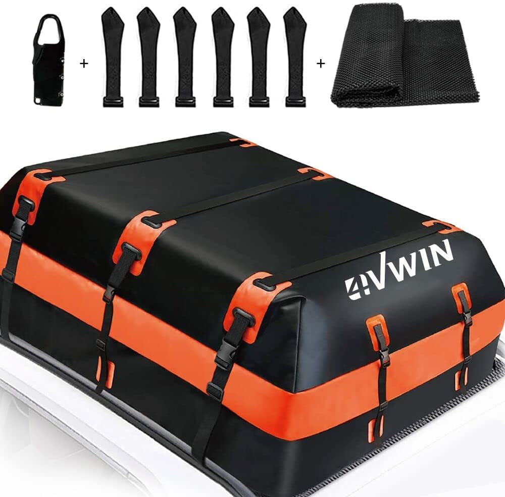 4vwin Car Rooftop Cargo Carrier 15 Cubic Feet 100% Waterproof 600D PVC for All Vehicle with/Without Rack with Storage Bag, Anti-Slip Mat, 6 Door Hooks, Lock (15 Cubic FEET)