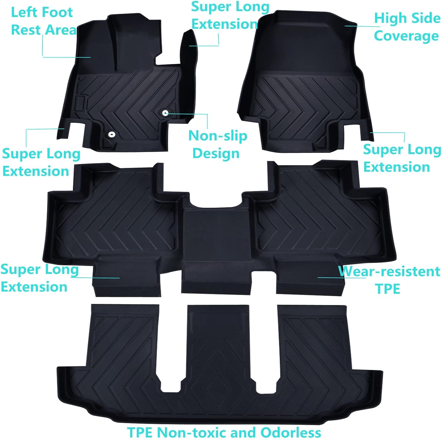 WQHPSM Car Floor Mats Custom Fit for 2020-2022 Toyota Highlander 7 Seats,All Weather Guard Floor Mats Floor Liners,TPE Automotive Floor Mats for SUV,3 Row Full Set Black