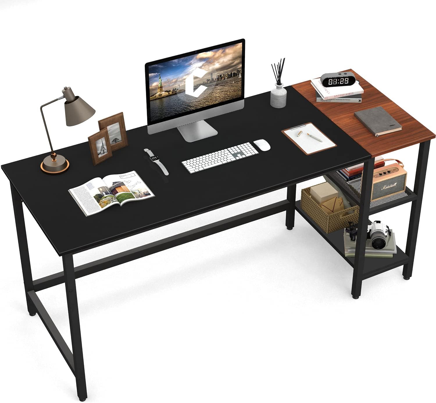 CubiCubi Computer Home Office Desk, 40 Inch Small Desk Study Writing Table with Storage Shelves, Modern Simple PC Desk with Splice Board, Brown/Black Pack of 2