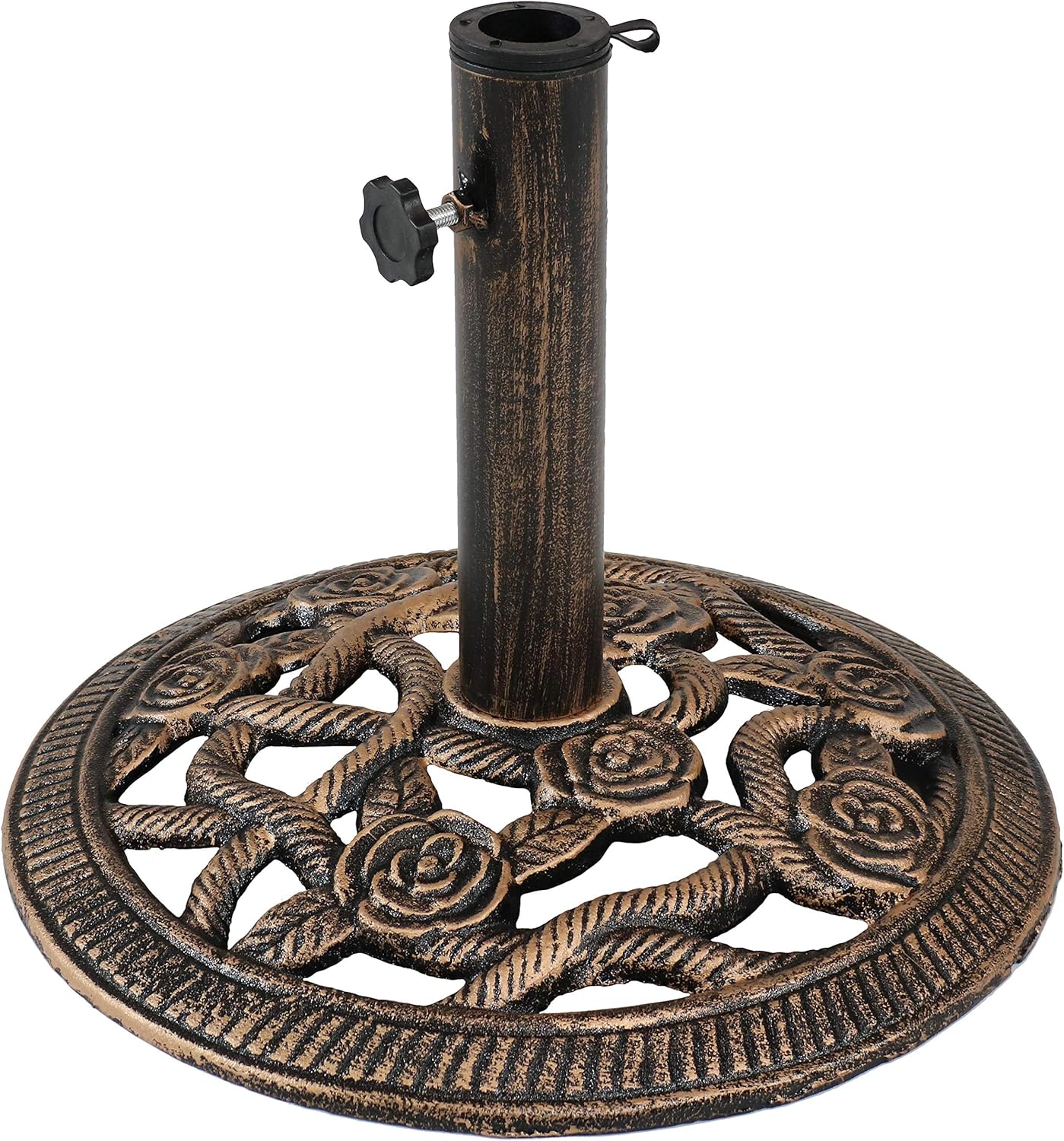 Sunnydaze Outdoor Patio Umbrella Base Stand - Cast Iron Heavy Duty Umbrella Base - Decorative Rose Blossom Design - Black - 16-Inch Diameter