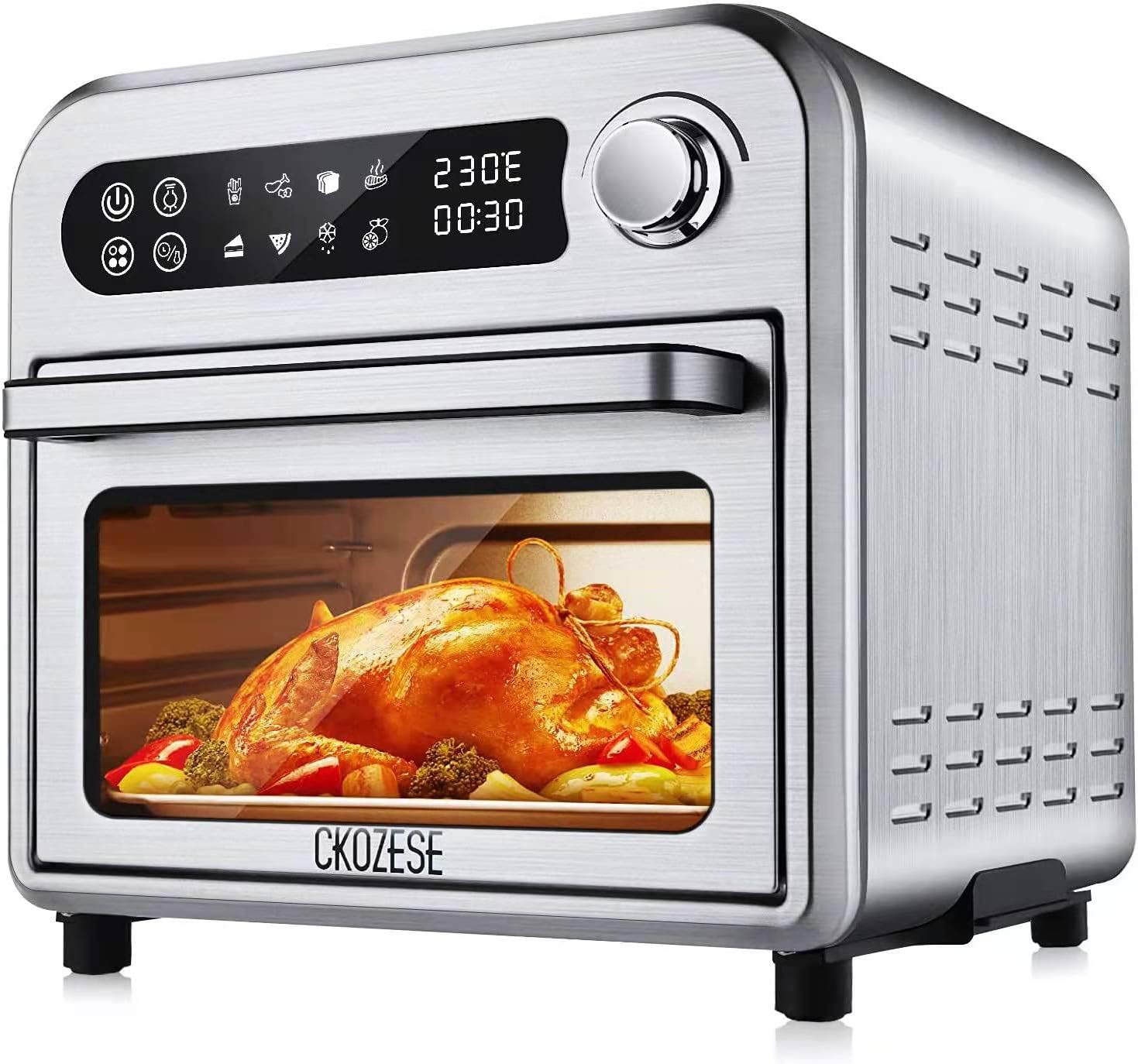 Compact Convection Oven, 8-In-1 Air Fryer Toaster Oven Countertop with 6 Rapid Infrared Heating, 6-Slice Stainless Steel Grill, Dehydrator-Roast-Broil-Bake, Digital Touch Screen, 45 Recipes&4 Fittings