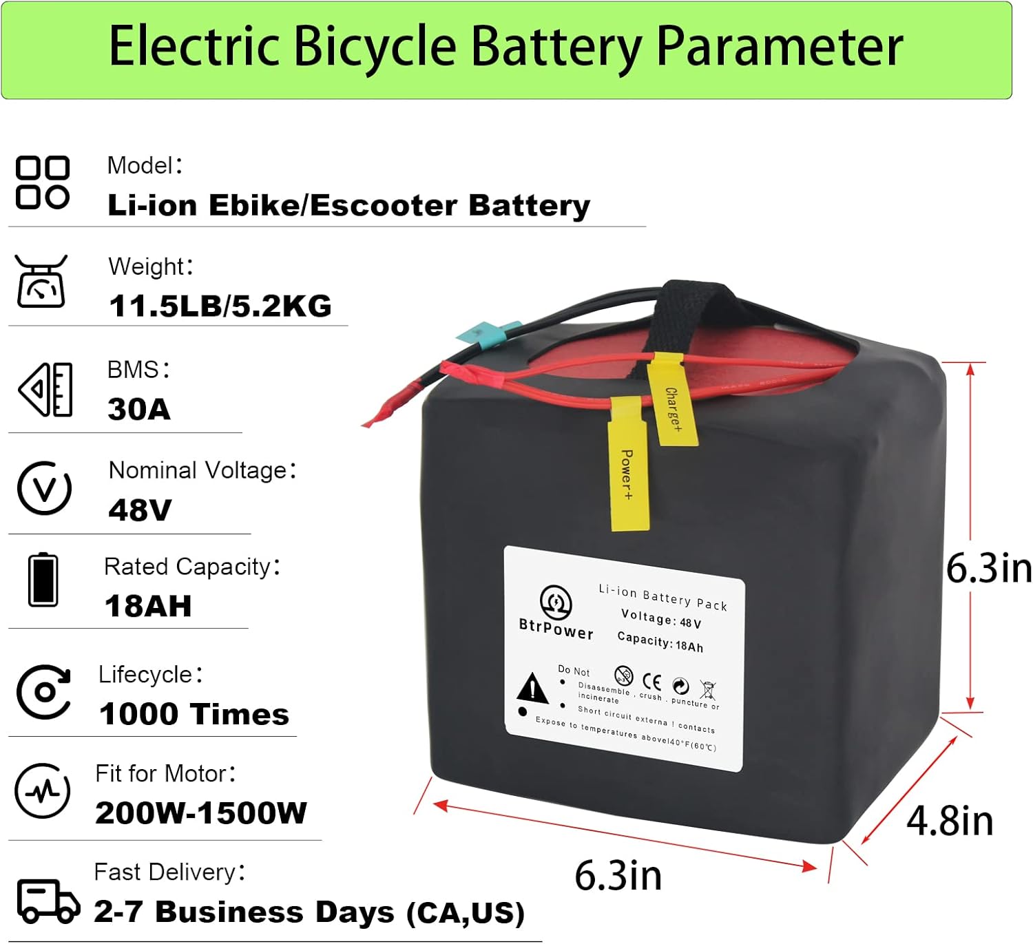 48V Battery 18Ah Lithium Ebike Battery Pack with 30Amp BMS and Charger for 1200W 1000W 750W 500W 350W Electric Bicycle Scooter Motorcycle