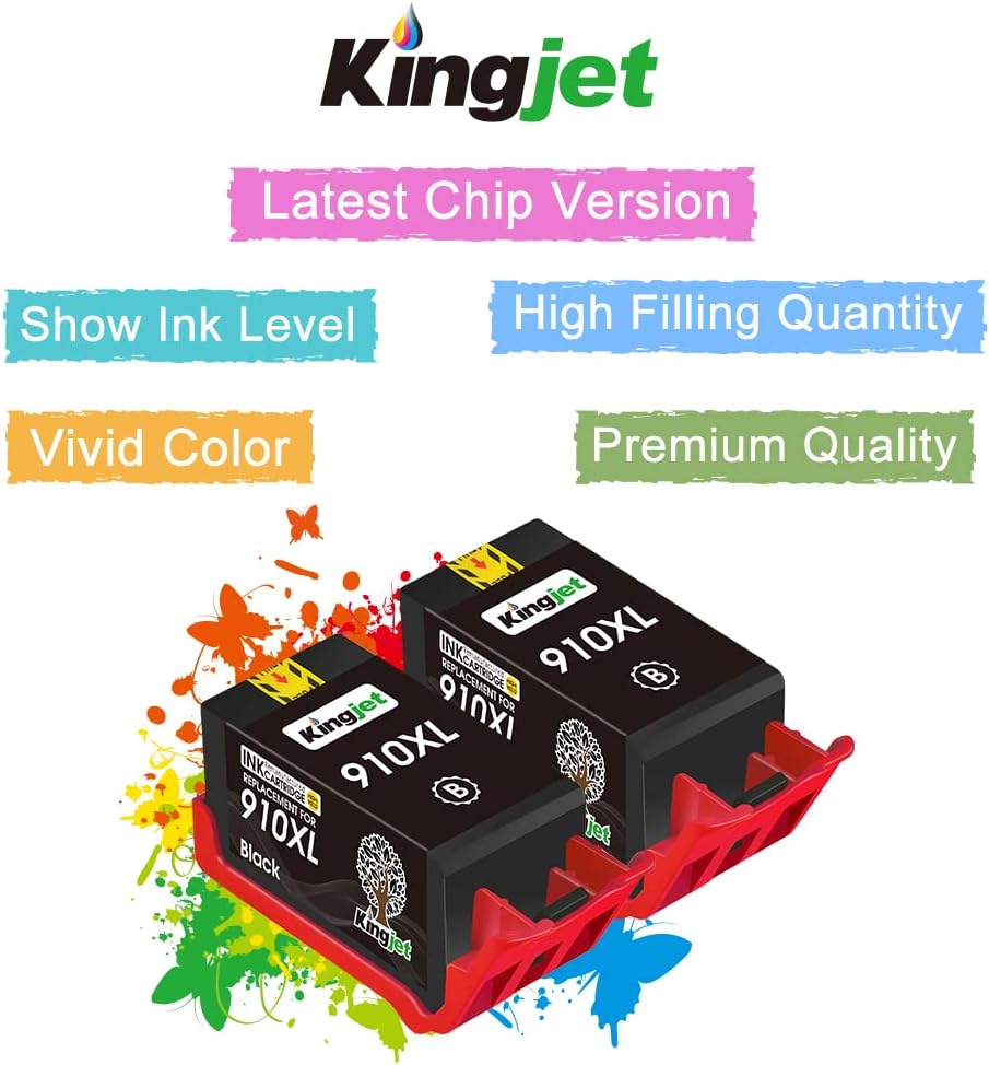 Kingjet Remanufactured Ink Cartridge Replacement for HP 910 XL 910XL (2Black) Work with Officejet Pro 8025 8020 8028 8035 8025e 8035e Officejet 8022 8010 8015 Printer, 2 Pack Pack of 2