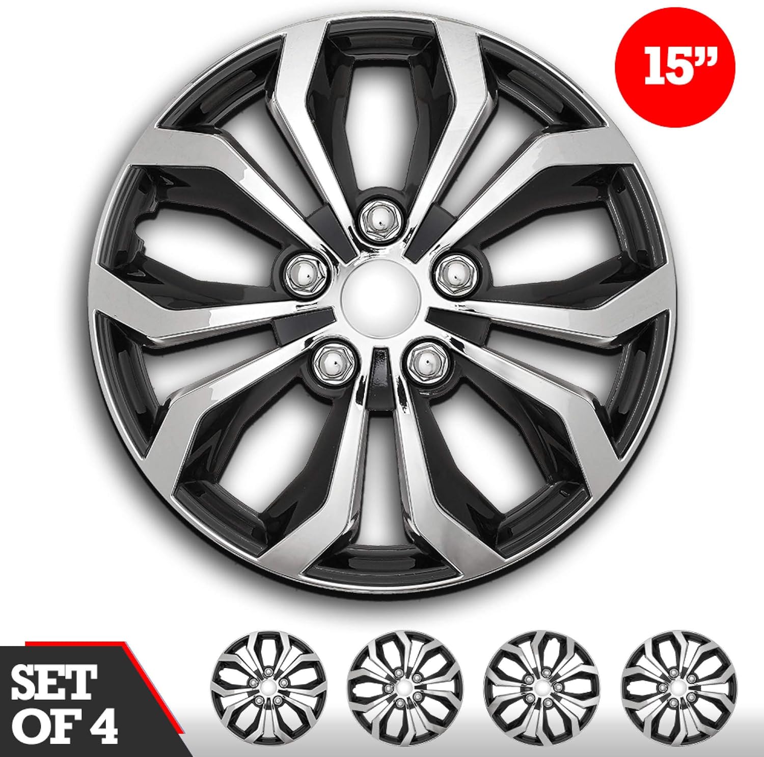 Swiss Drive Hubcaps 15-Inch Set of 4 - Luxurious Chrome and Black Design 15